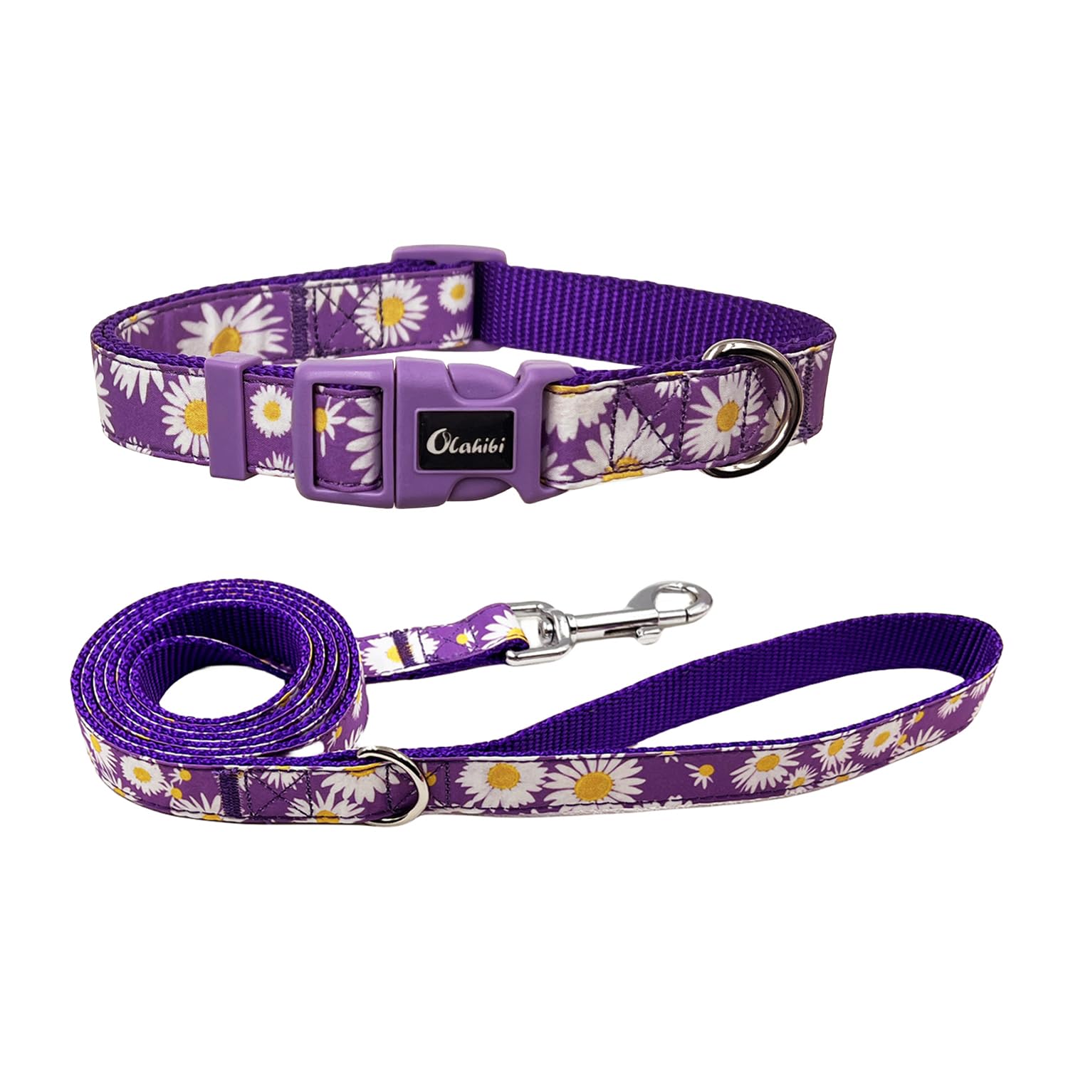 Olahibi Dog Collar Leash Set, Floral Pattern, Nylon Webbing Plus Cotton Ribbon, 5Ft Matching Leash, For Large Dogs.(L, Purple Da