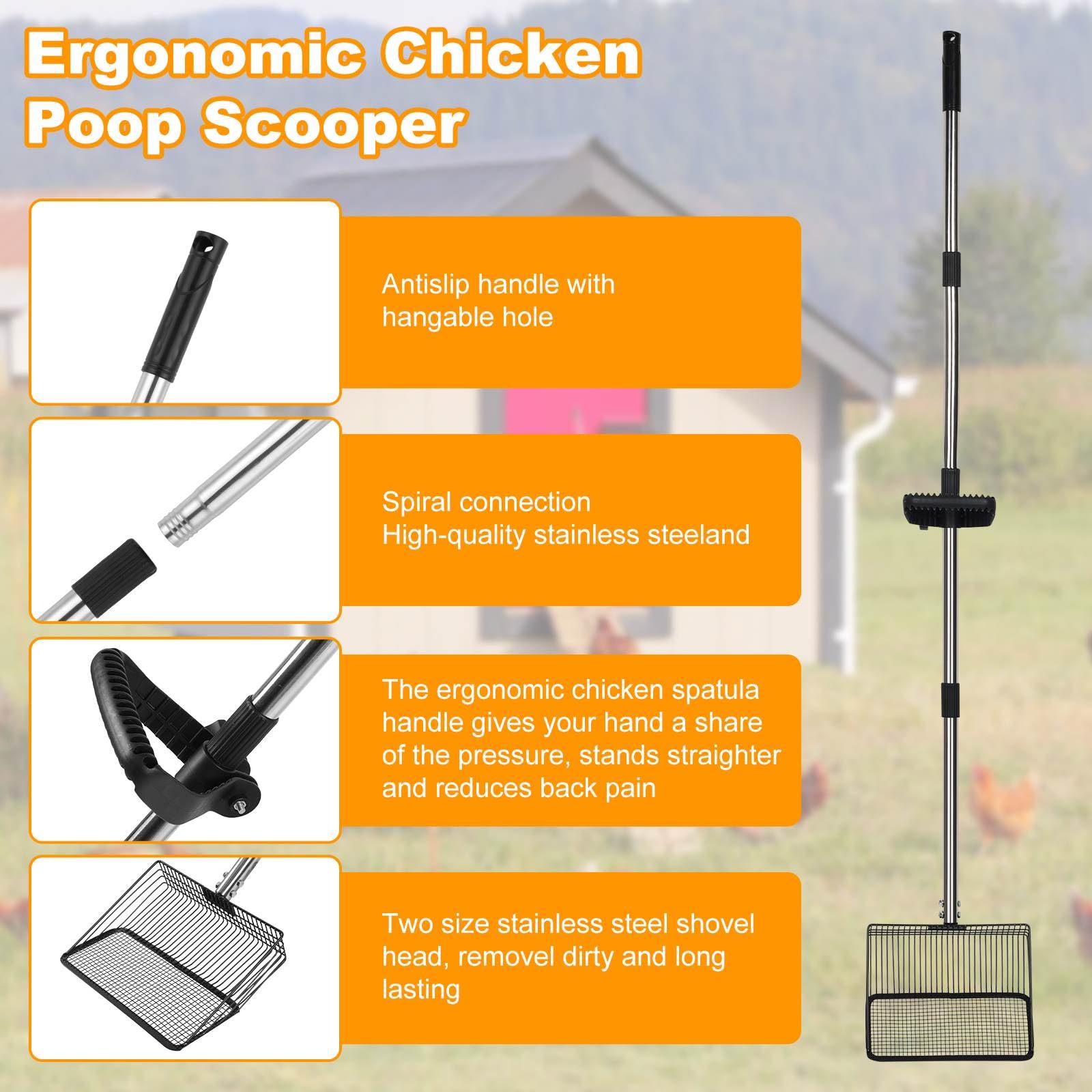 Chicken Poop Scooper Set - Adjustable Coop Scoop with Ergonomic Grip, Rake, Reusable Waste Bag & Gloves - Durable Sand Sifting L