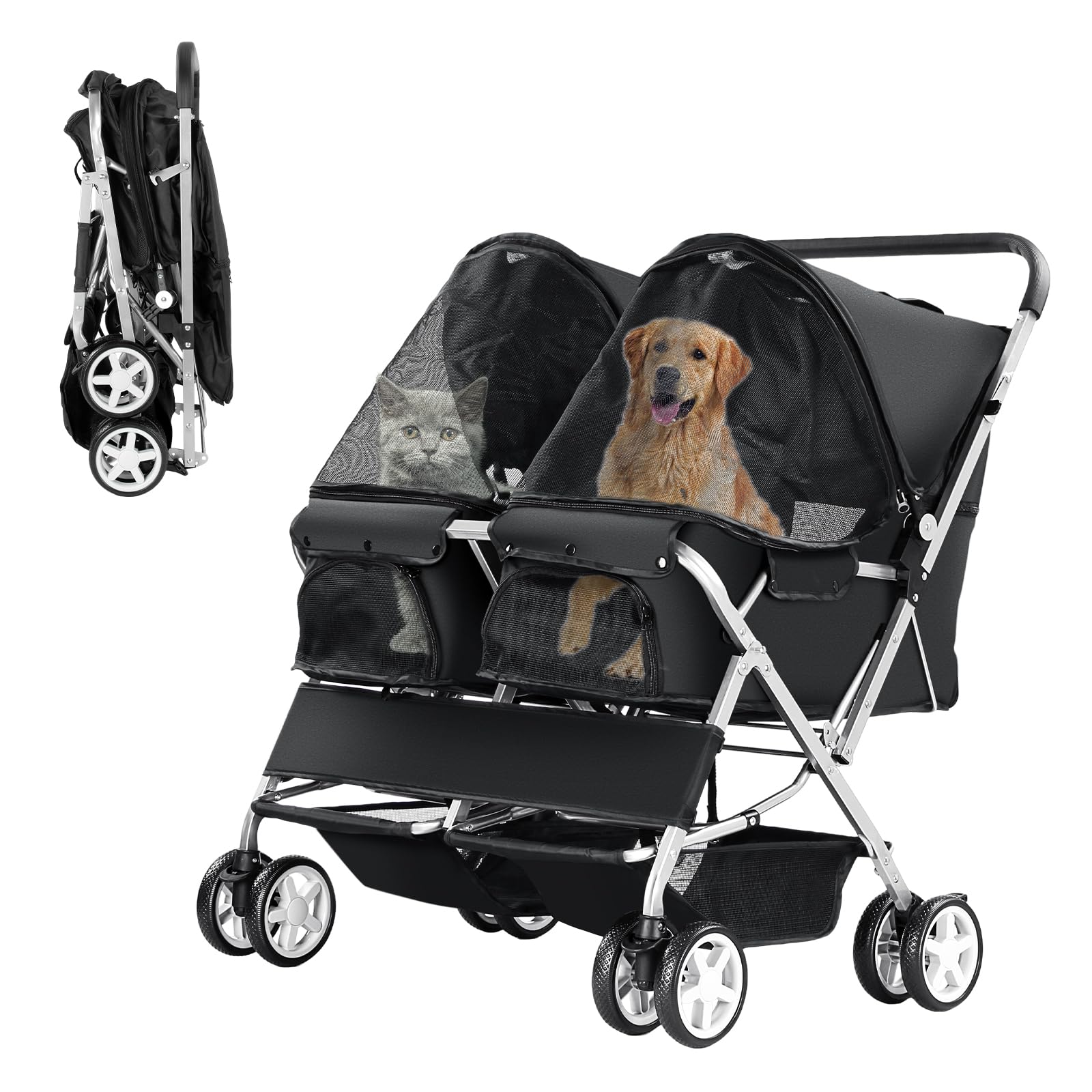 Double Pet Stroller, Foldable Stroller For 2 Dogs & Cats, Two-Seater Carrier Twin Dog Walk Jogger Travel Pet Carriage Cart With 