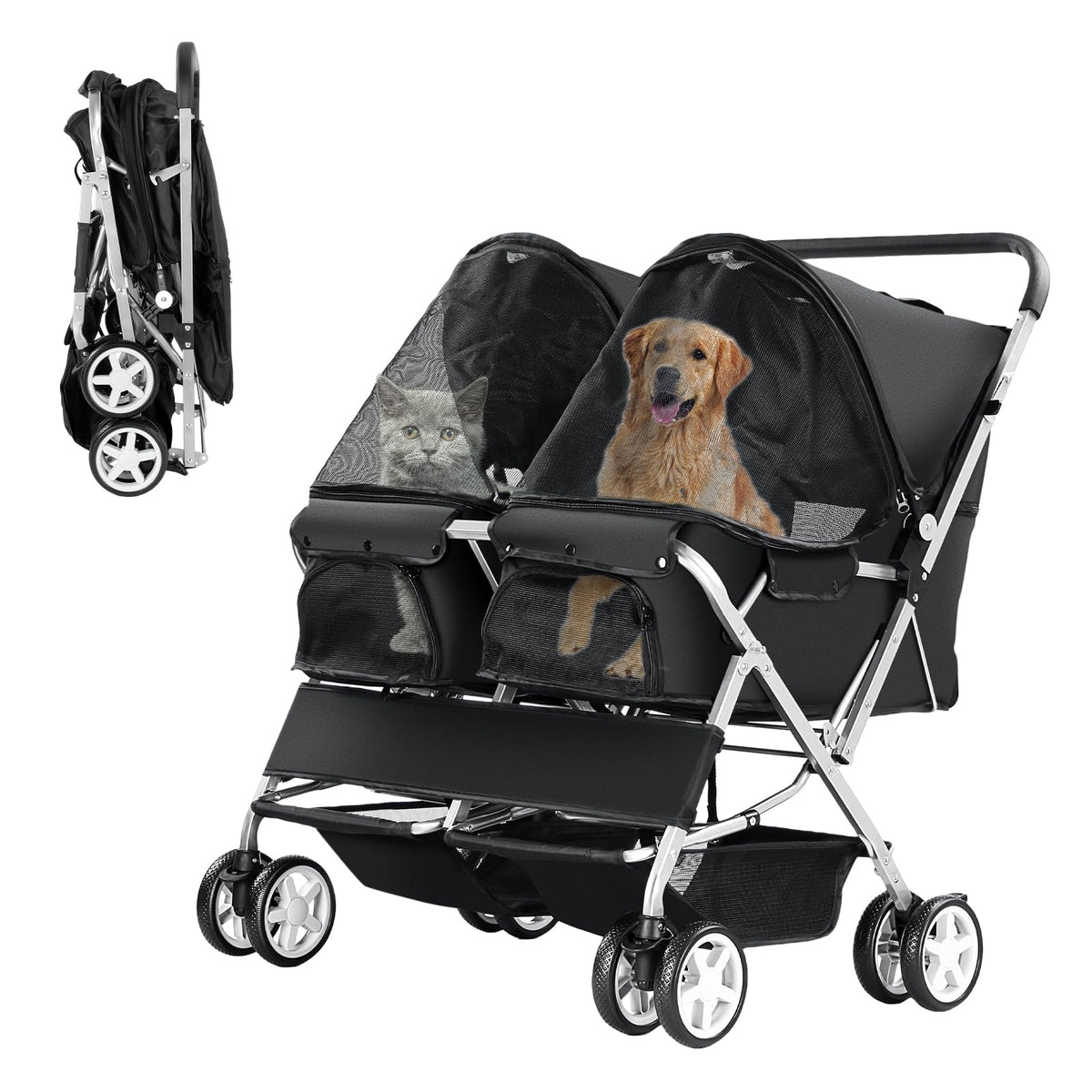 Double Pet Stroller, Foldable Stroller For 2 Dogs & Cats, Two-Seater Carrier Twin Dog Walk Jogger Travel Pet Carriage Cart With 