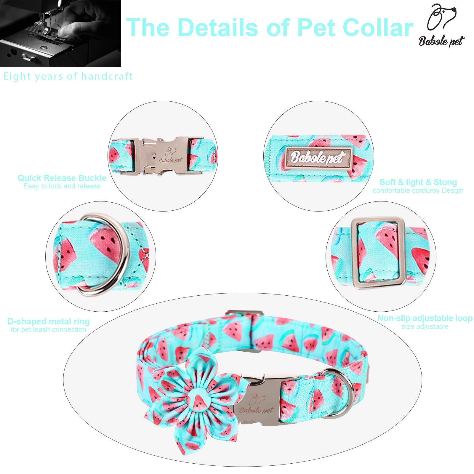 Babole Pet Dog Collar With Blue Watermelon Flower Tie,Cotton Dog Collar With Safety Metal Buckle Adjustable Puppy Collars For Small Medium Large Boy&Girl Dog,X-Small,Neck 8'-12'