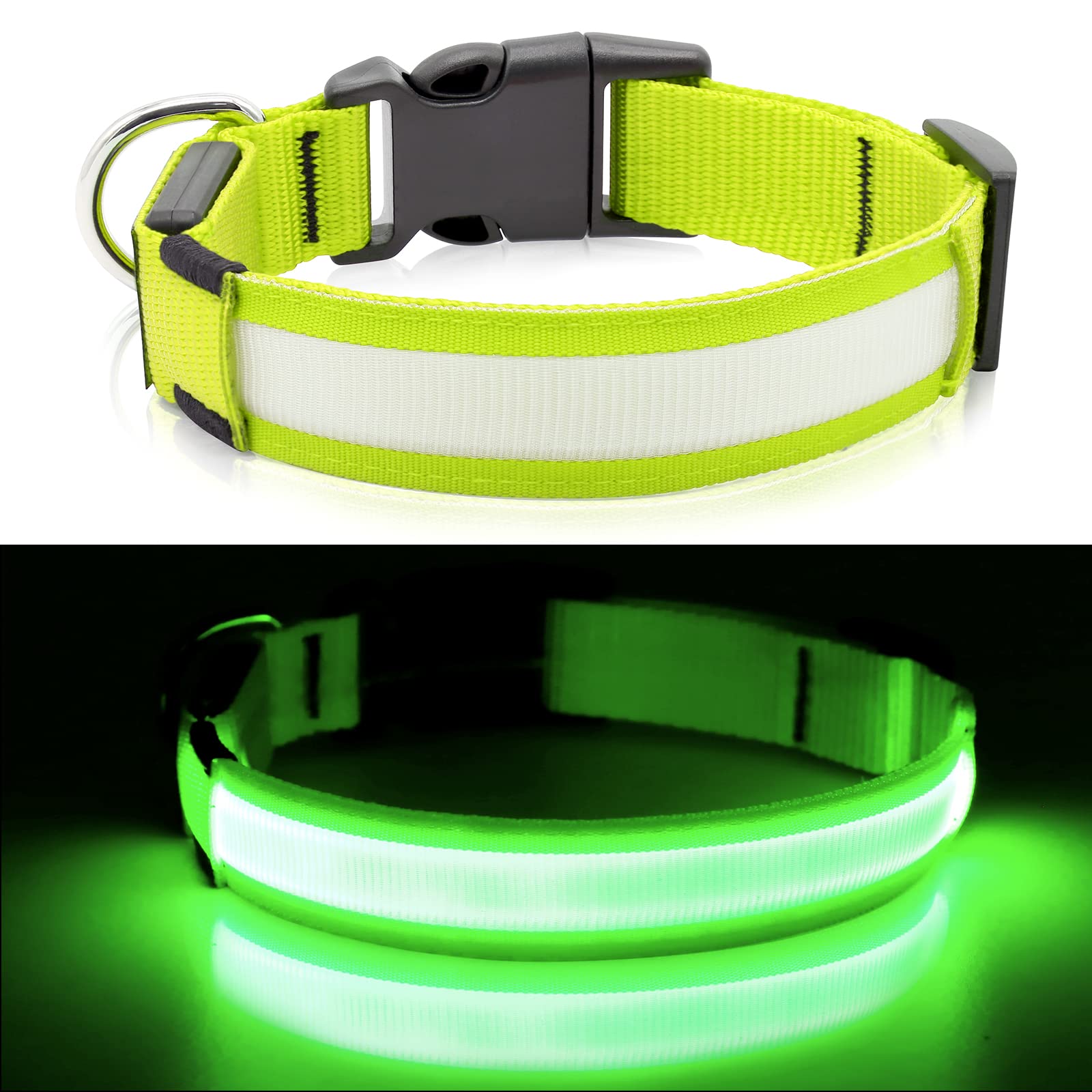 BSEEN LED Dog Collar - Rechargeable, Adjustable, Reflective, Large, Neon Green