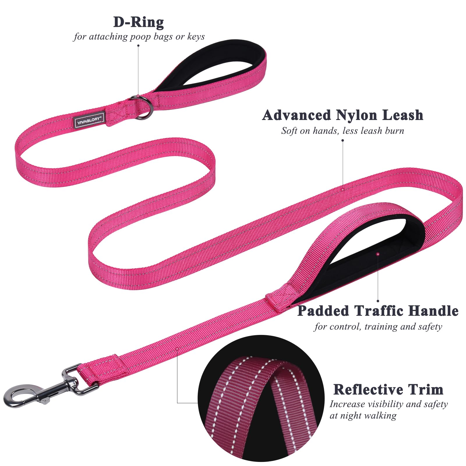 Vivaglory Traffic Handle Dog Leashes, Two Padded Soft Handles Strong Dog Leash, Reflective & Metal Hook Training Dog Lead, Pink,
