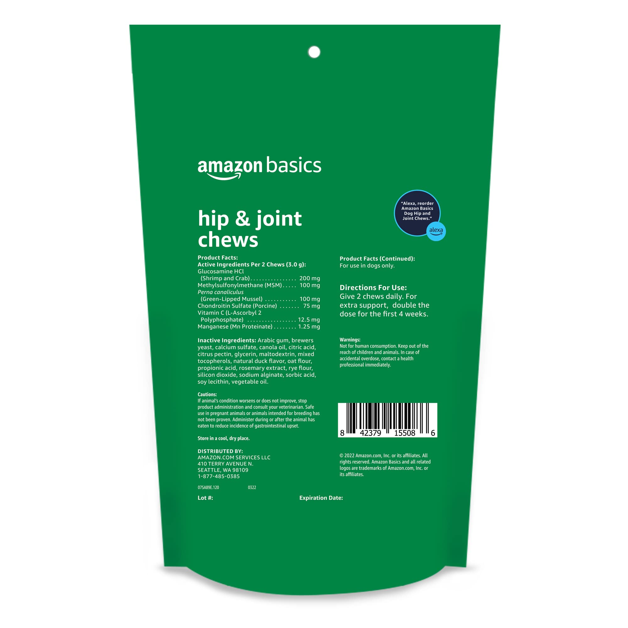 Amazon Basics Dog Hip & Joint Daily Supplement Chews with Glucosamine, MSM, and Vitamin C, Duck Flavored, 120 Count (Previously