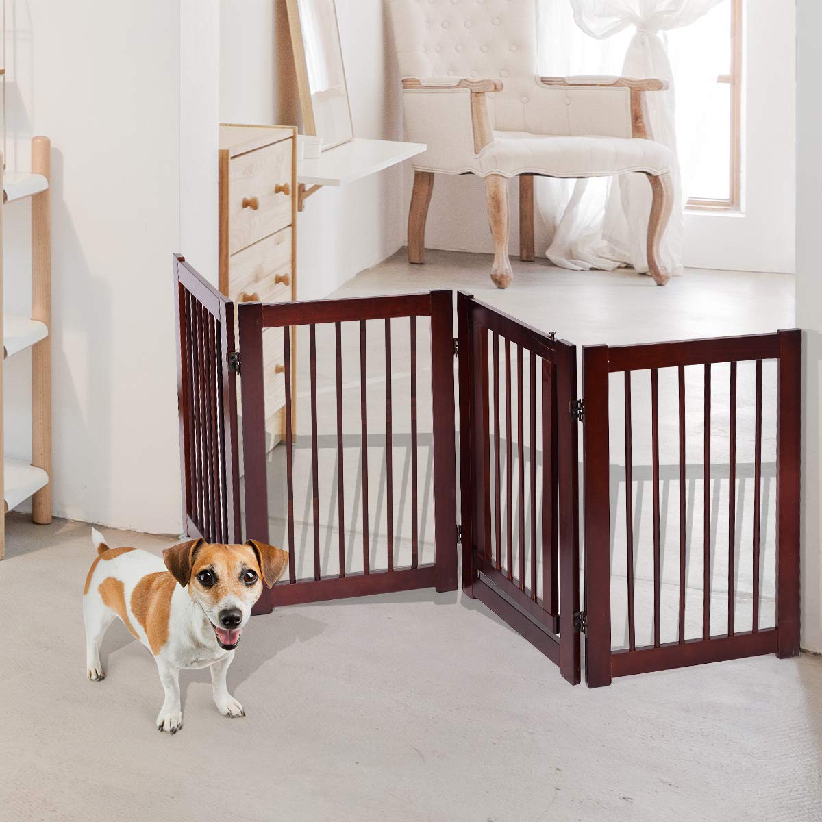 Petsite Pet Gate With Walk Through Door, 4 Panel Pet Fence Indoor, 80 Inches Extra Wide Freestanding Dog Gates For House, Stairs, Doorways