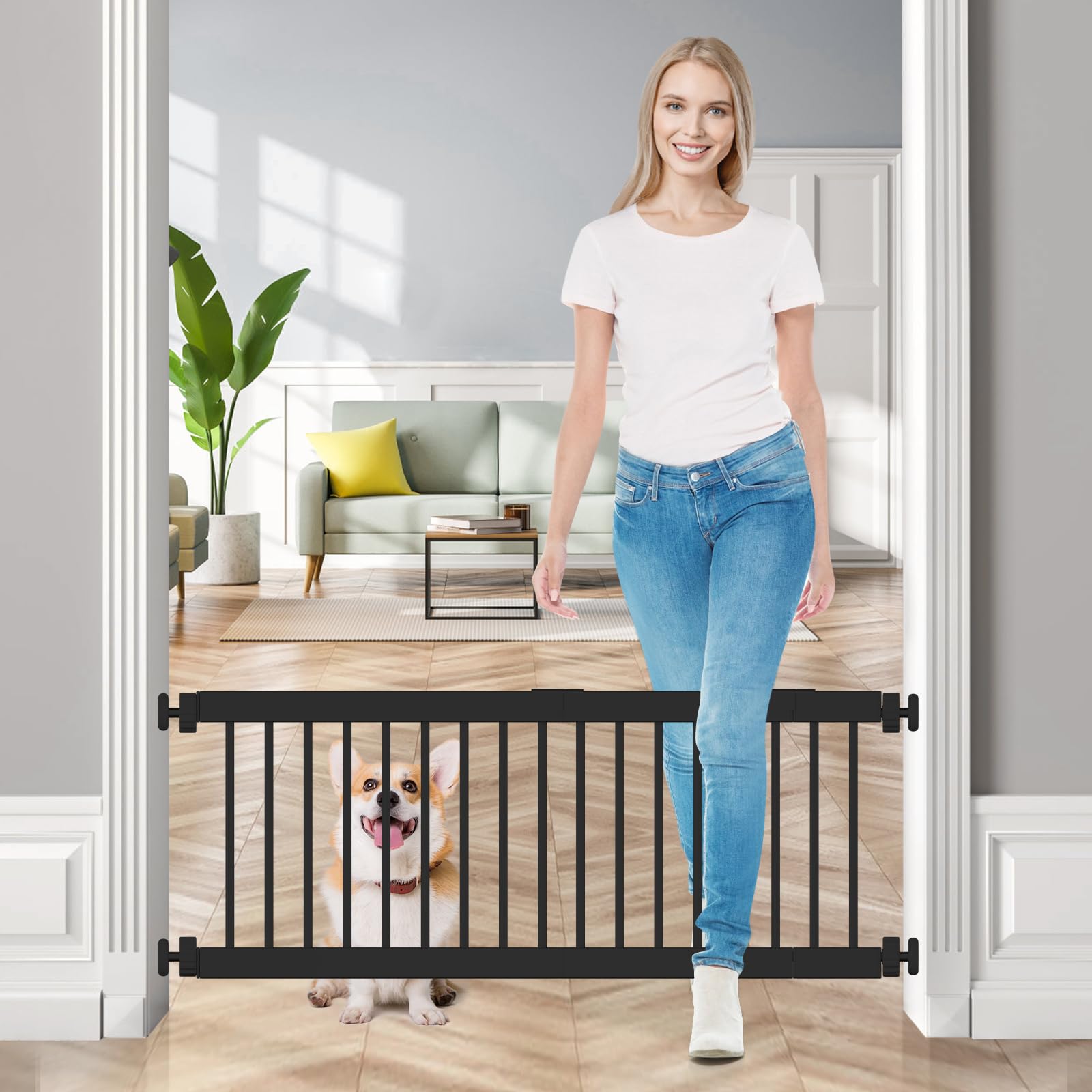 Dog Gate Indoor,18'-45' Adjustable Extra Wide Metal Short Dog Gate To Step Over, 14' Tall Small Pet Gate With 3 Extension Kit