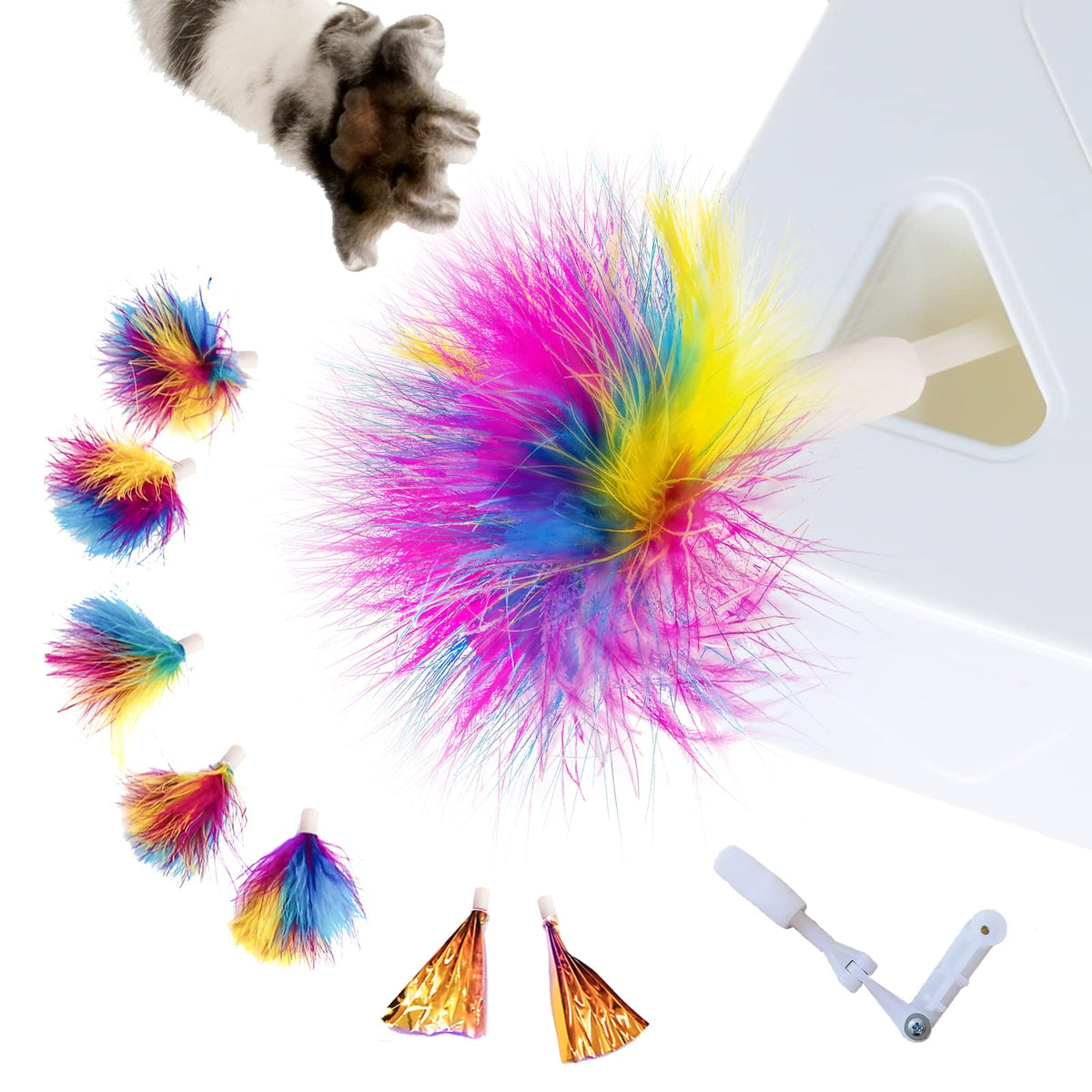 Migipaws Upgrade Rainbow Feather Replacement Whack A Mole Cat Toy, 6Pcs Rainbow Feather + 2Pcs Free Mylar Refills