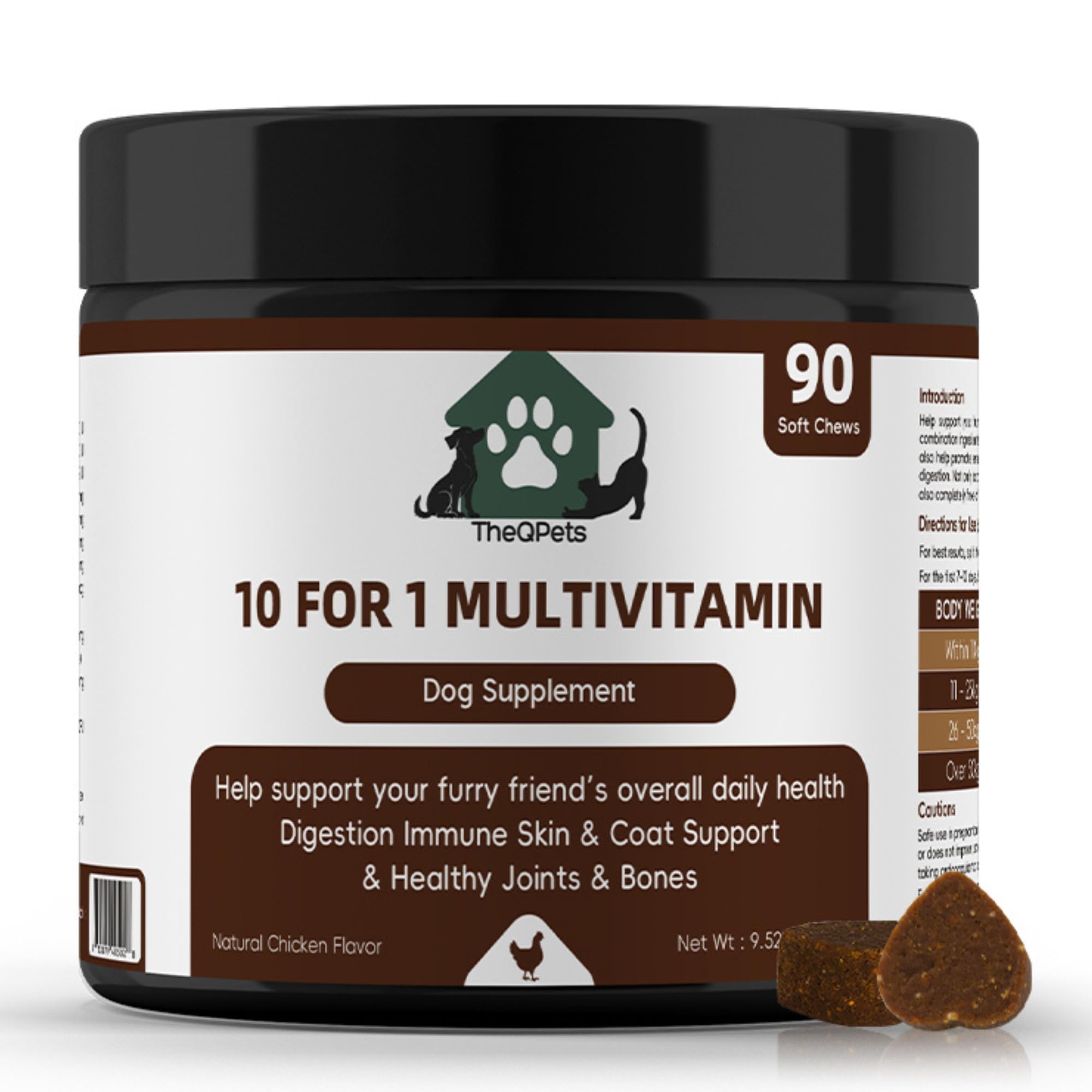 TheQPets Dog Multivitamin Chews 10-in-1 - Glucosamine Probiotics 3 Billion CFU Omega CoQ10 - Dog Vitamins for Joint Immune Gut S