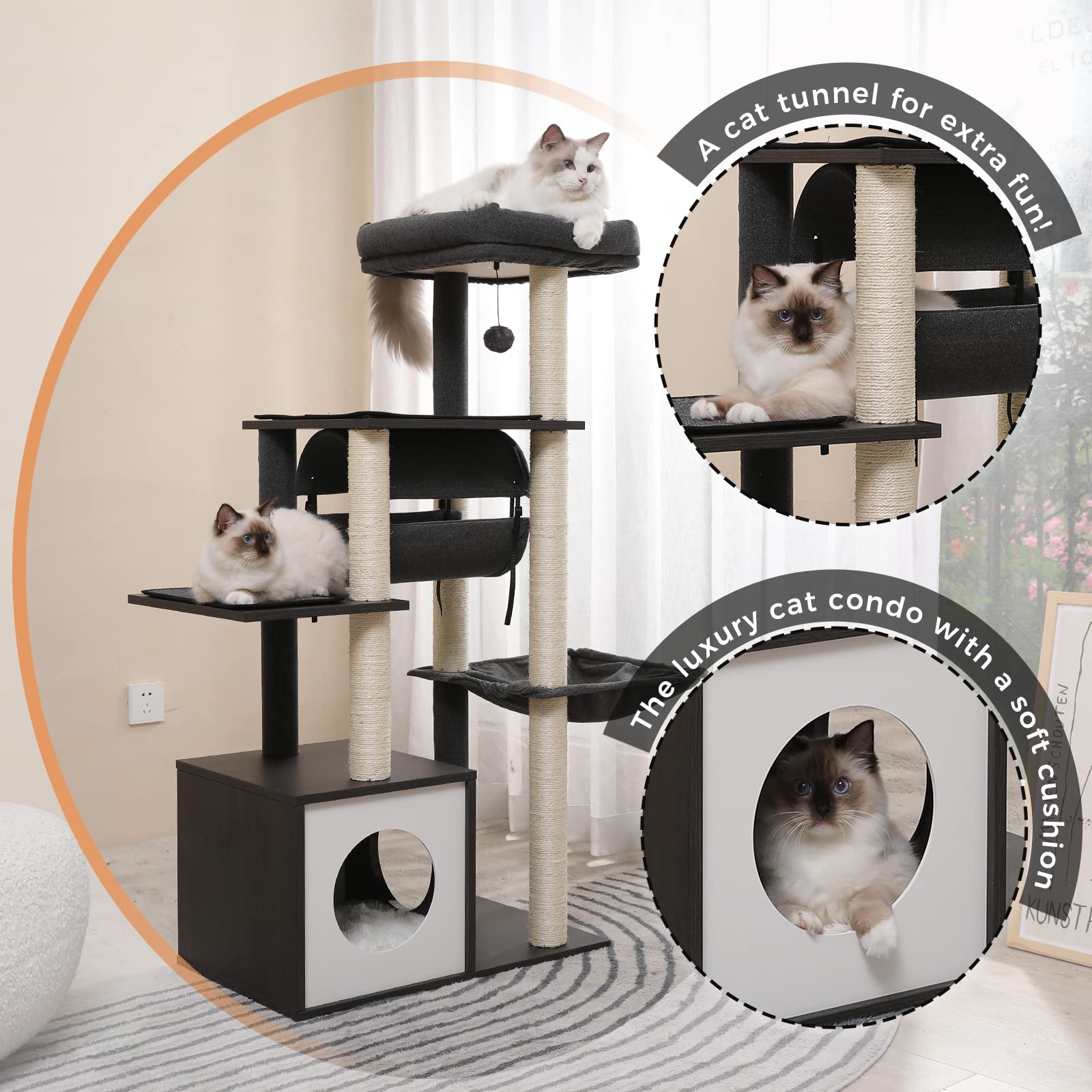 PEQULTI Modern Cat Tree - 51.4" Wooden Cat Tower with Scratching Posts, Cozy Condo, Hammock & Swing Tunnel - Gray - Model AM52-AMT0102GY
