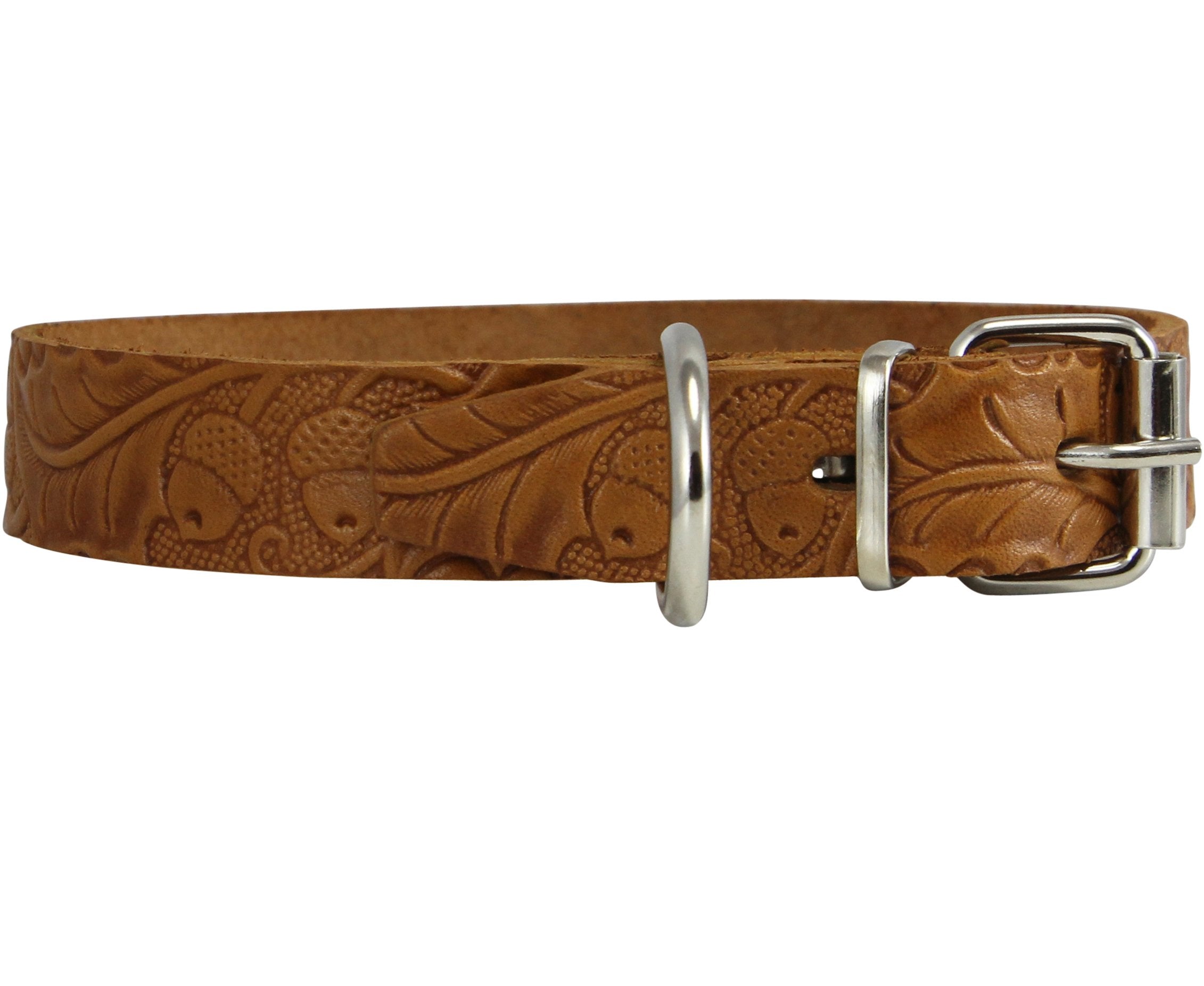 Genuine Tooled Leather Dog Collar Floral Pattern Tan 3 Sizes (Neck Circumf: 10'-13'; 3/4' Wide)