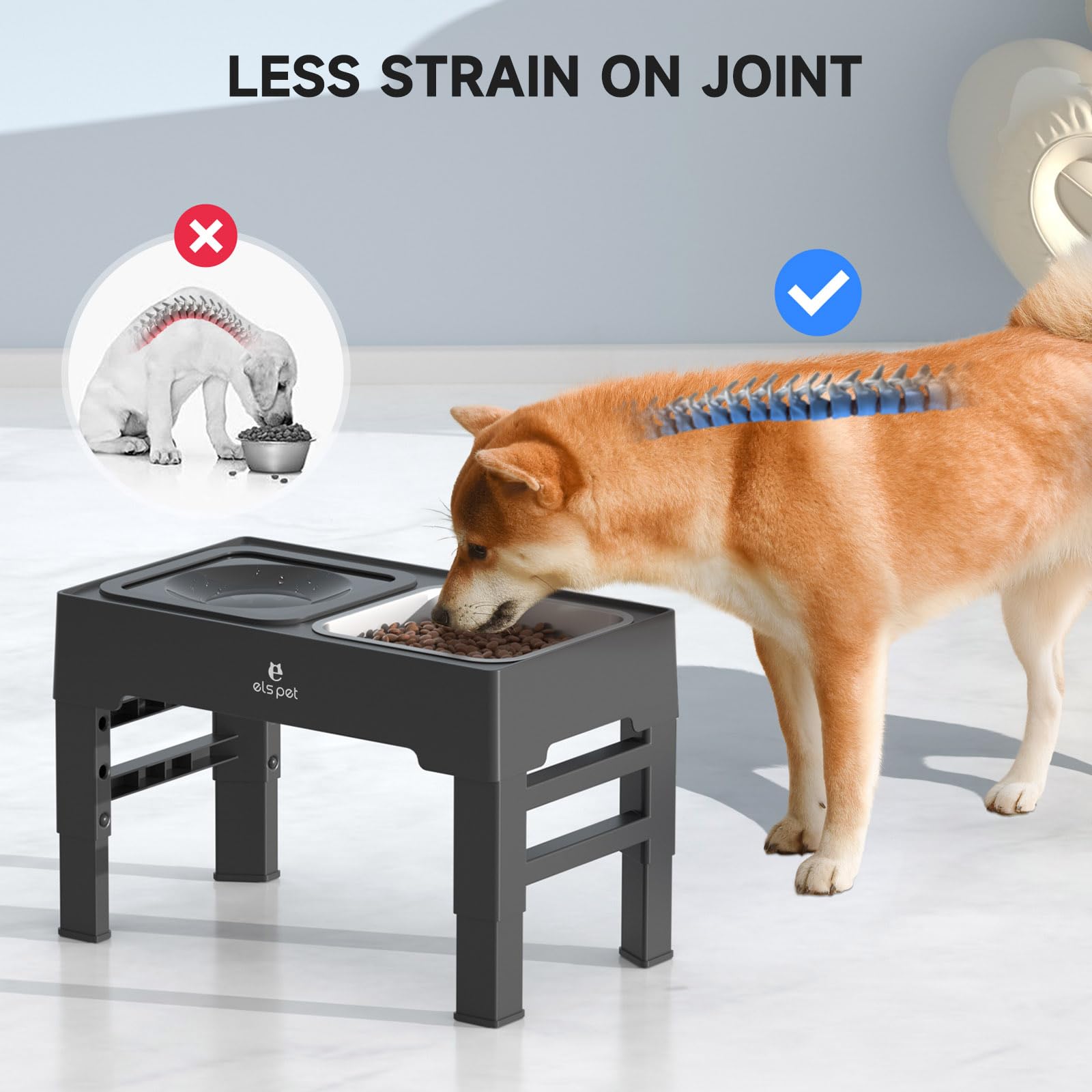 ELS PET Elevated Dog Bowls, Adjustable Raised Dog Bowls with No Spill Dog Water Bowl and Stainless Steel/Slow Feeder, for Small