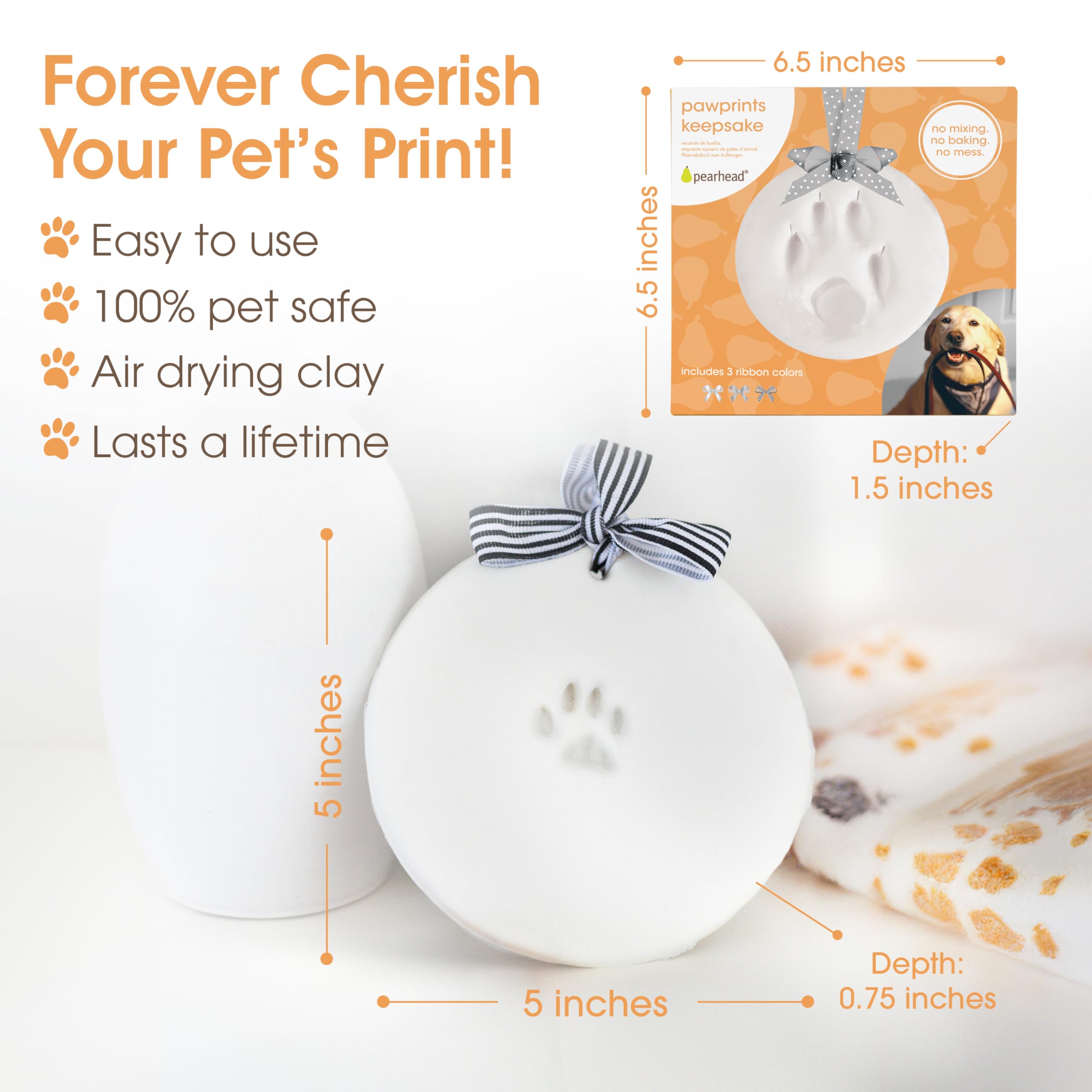 Pearhead Pet Paw Print Keepsake Ornament Kit - Diy Hanging Clay Keepsake For Dogs & Cats, Pet'S First Christmas Ornament, Customized Family Ornament, 3 Ribbons