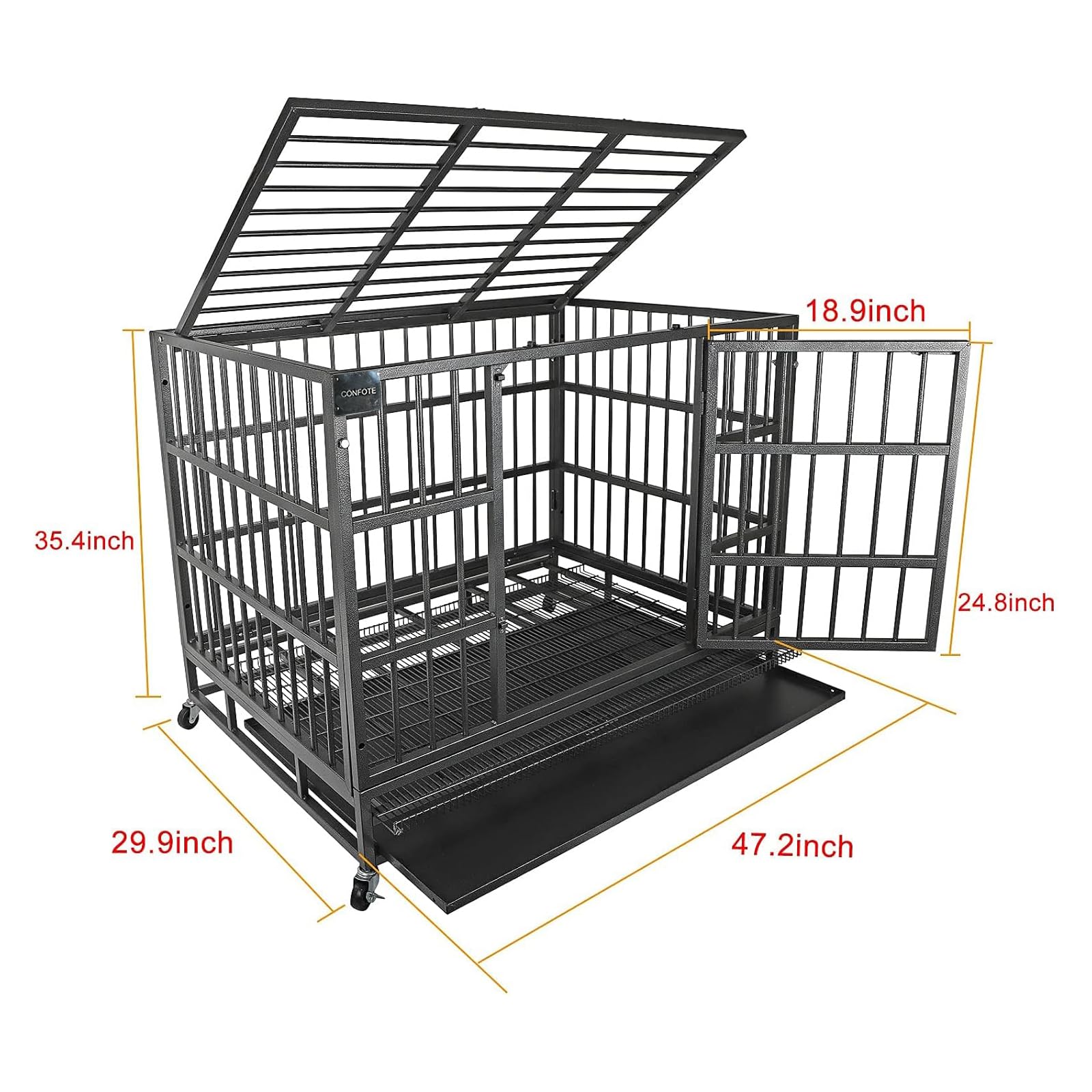 Confote 48'' Heavy Dog Duty Cage Metal Indestructible Dog Kennels Crate For Large Dogs With Double Doors & Lockable Wheels
