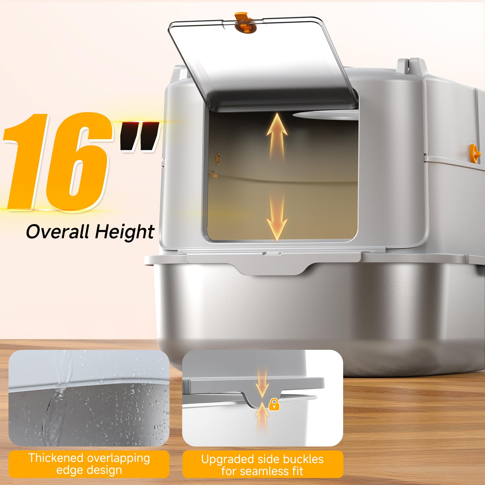 PIRAIL XL Grey Stainless Steel Cat Litter Box with Lid, Enclosed Top Entry, Non-Sticky, Anti-Leakage, High Sided & Scoop