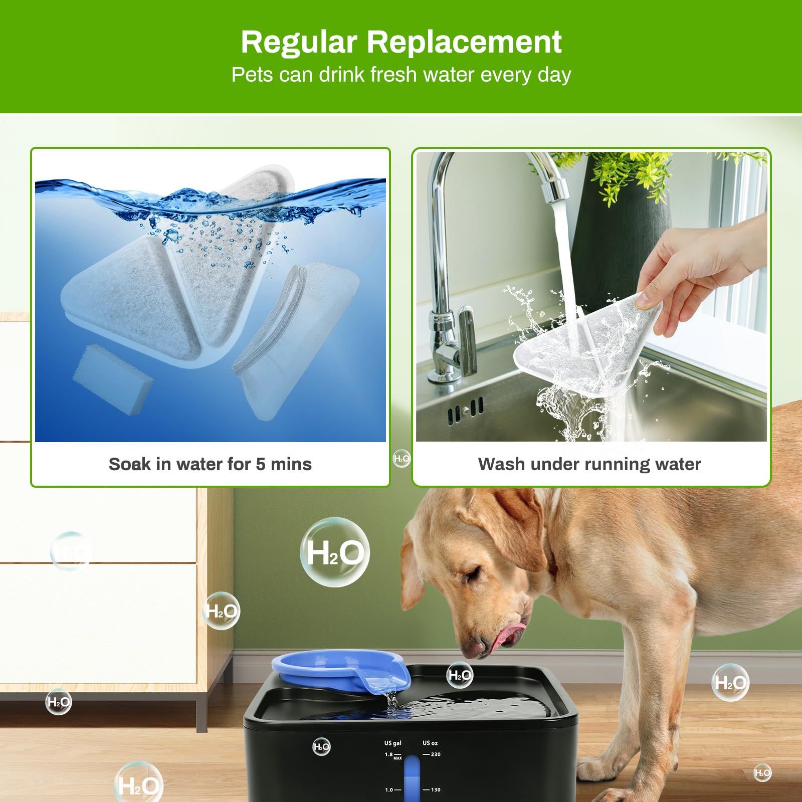 12 Pack Replacement Filters for 230oz Dog Water Fountain, Water Fountain Filter Replacement for 5 Layers Filtration System 7L Pe