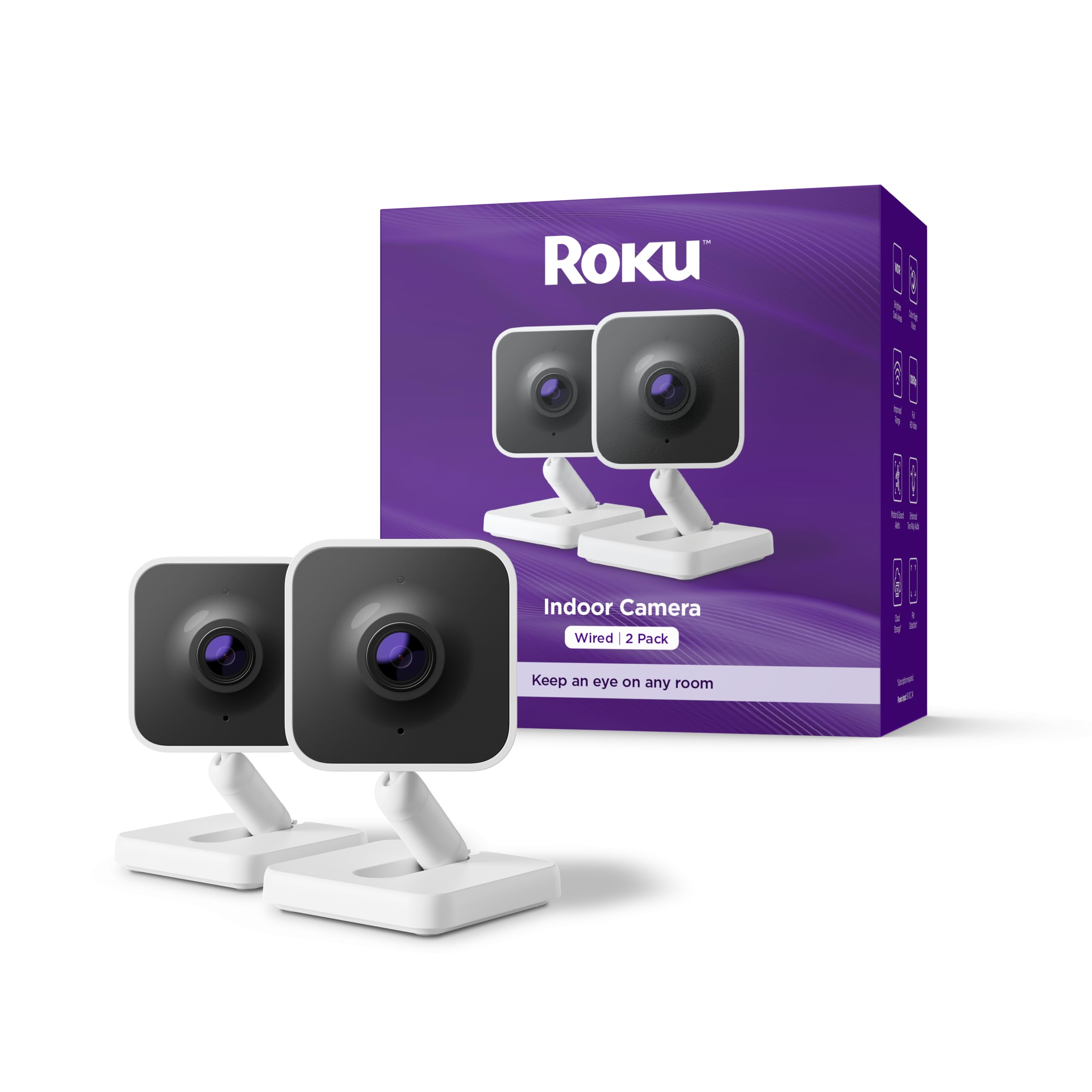 Roku New Indoor Camera 2024 - Home Security - 2-Pack - Wired Security Camera & Pet Monitor with 1080p HD Color Night Vision, Wor