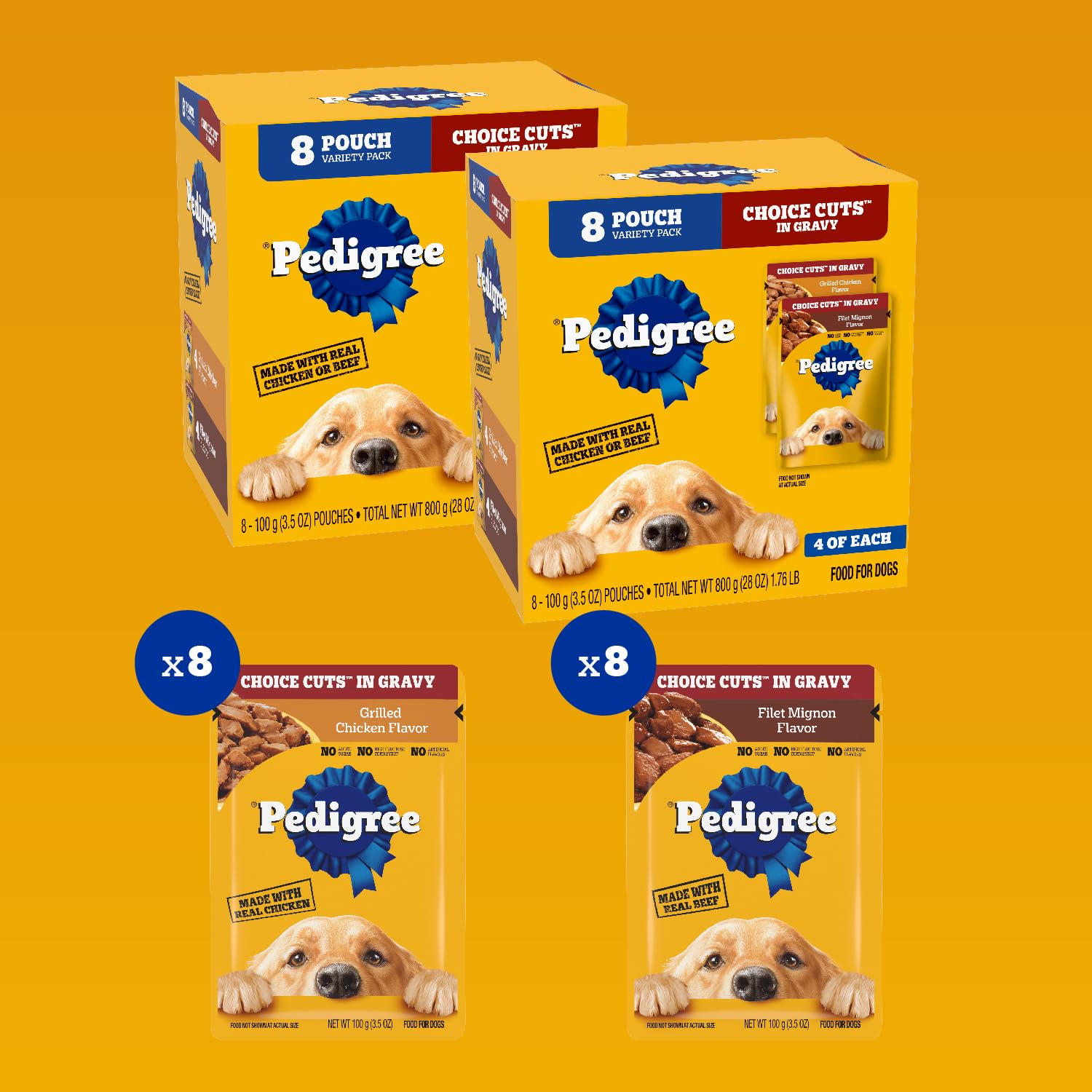 Pedigree Choice Cuts in Gravy Wet Dog Food Variety Pack, 8-Count, 3.5 oz Pouches, Adult Formula, Pack of 2