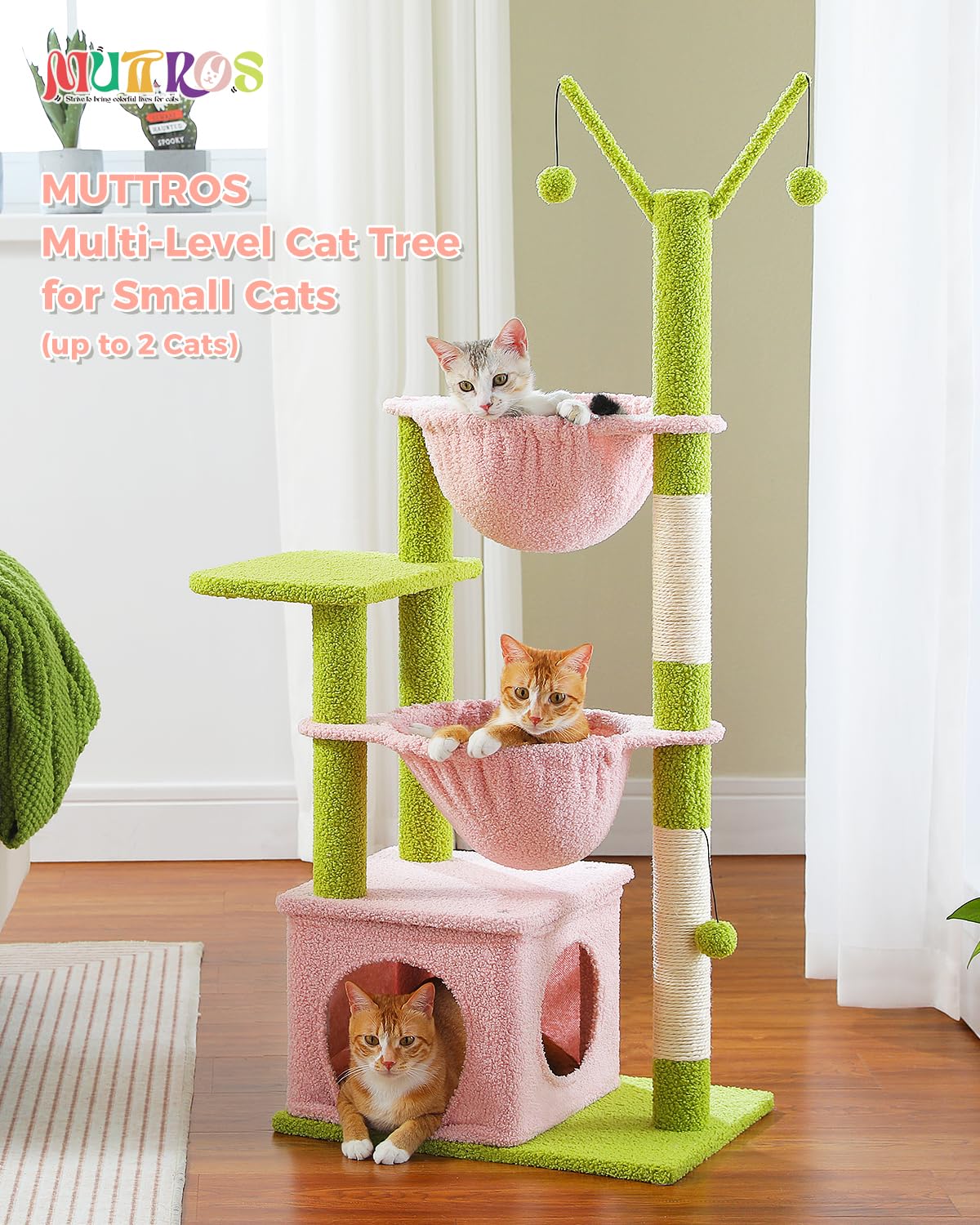 Muttros Pink Cat Tree, 47.6'' Cat Tower With 2 Metal Frame Hammock, Cat Scratching Post For Indoor Cats With 2 Removable Pompom