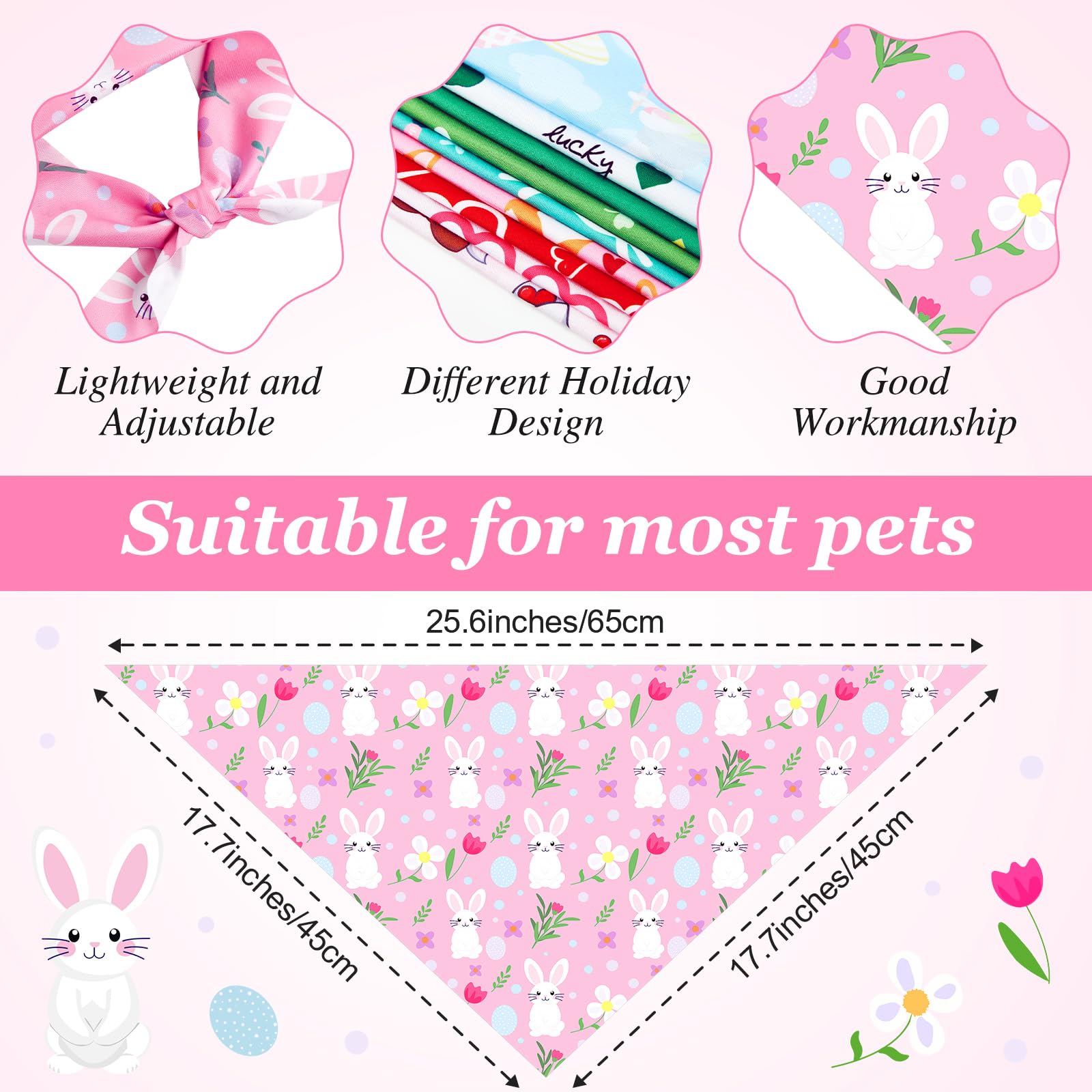 Jeere 50 Pieces Easter Dog Bandanas Bulk Bunny Bandanas for Dogs Shamrock Heart Bunny Holiday Festival Scarf Triangle Bibs for S