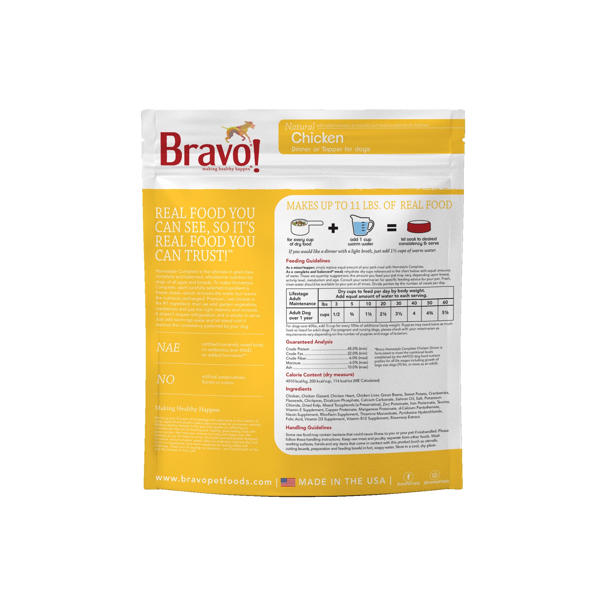 Bravo! Homestyle Complete Freeze Dried Raw Dog Food or Topper, Chicken, 2 Pounds, Add Water to Rehydrate for up to 9 Pounds of F
