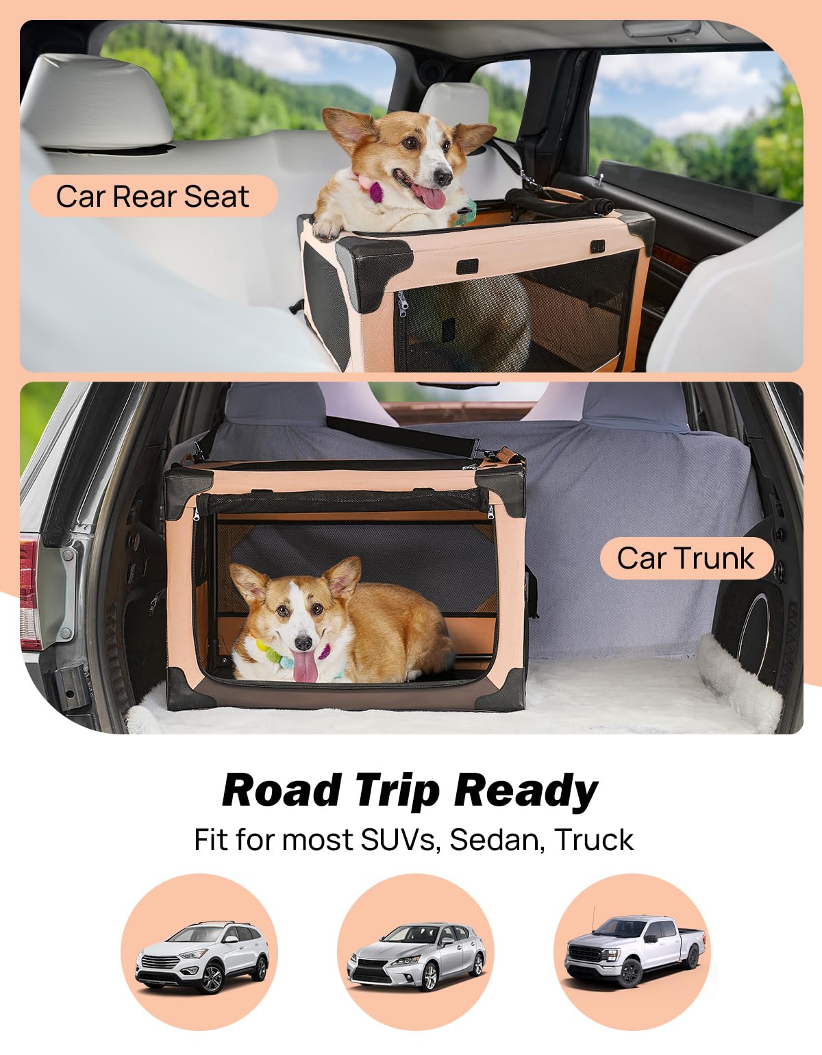 Joytutus Collapsible Dog Crate, 26 Inch Portable Pet Crate For Car, Travel Dog Kennel Foldable Dog Crate For Medium Dog 44Lbs, S
