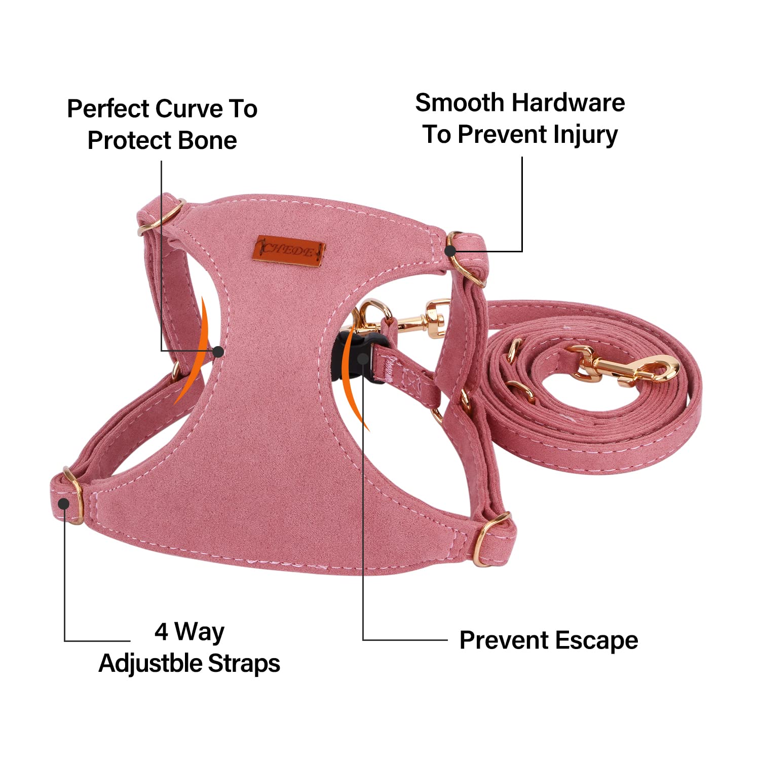 Chede No Pull Puppy Harness And Multifunction Dog Leash Set- 8 Colors Soft Adjustable No Choke Escape Proof Cute,Lightweight Pet Vest Harness For Small And Medium Dog (M, Antique Pink)