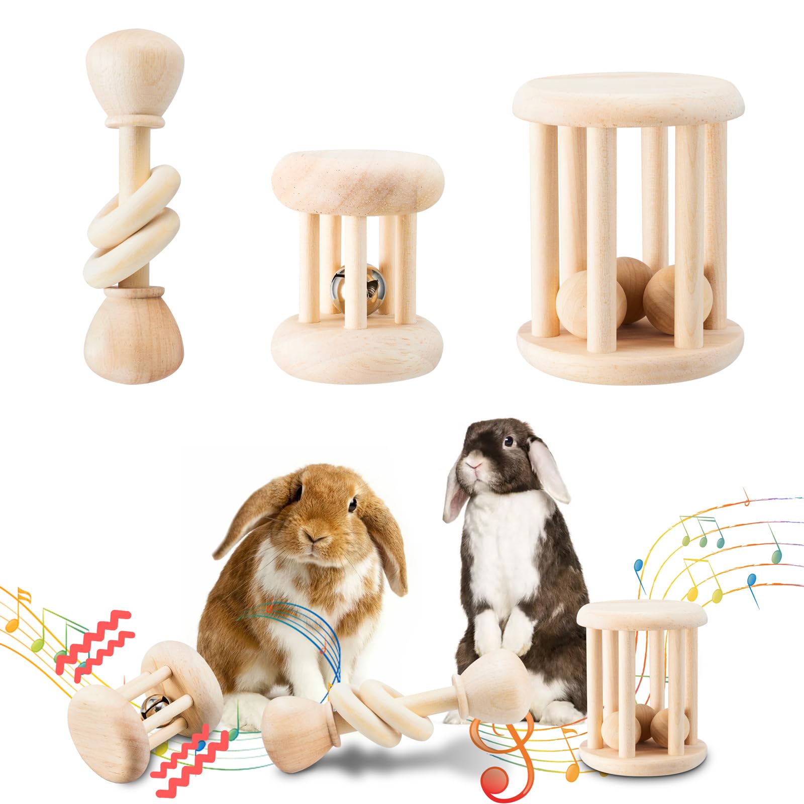 Aowpfvv 3 Pcs Wooden Bunny Toys - Safe Rabbit Toys, Bite-Resistant Guinea Pigs Toys For Chinchillas Hamsters Small Animals Playi