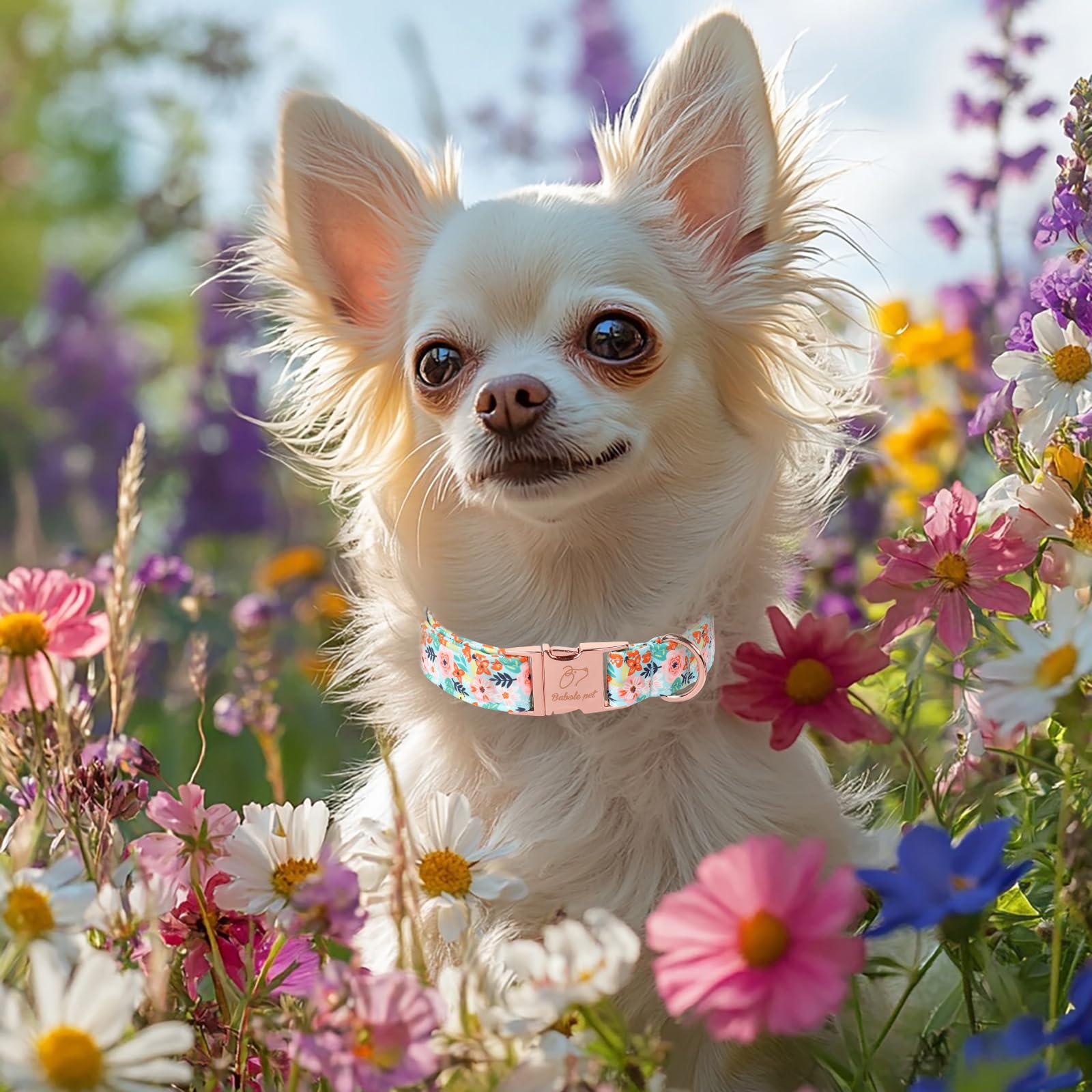 Babole Pet Summer Floral Dog Collar - Adjustable Cute Flower Dog Collars For Large Dogs Male Female Pet Soft Padded Metal Buckle