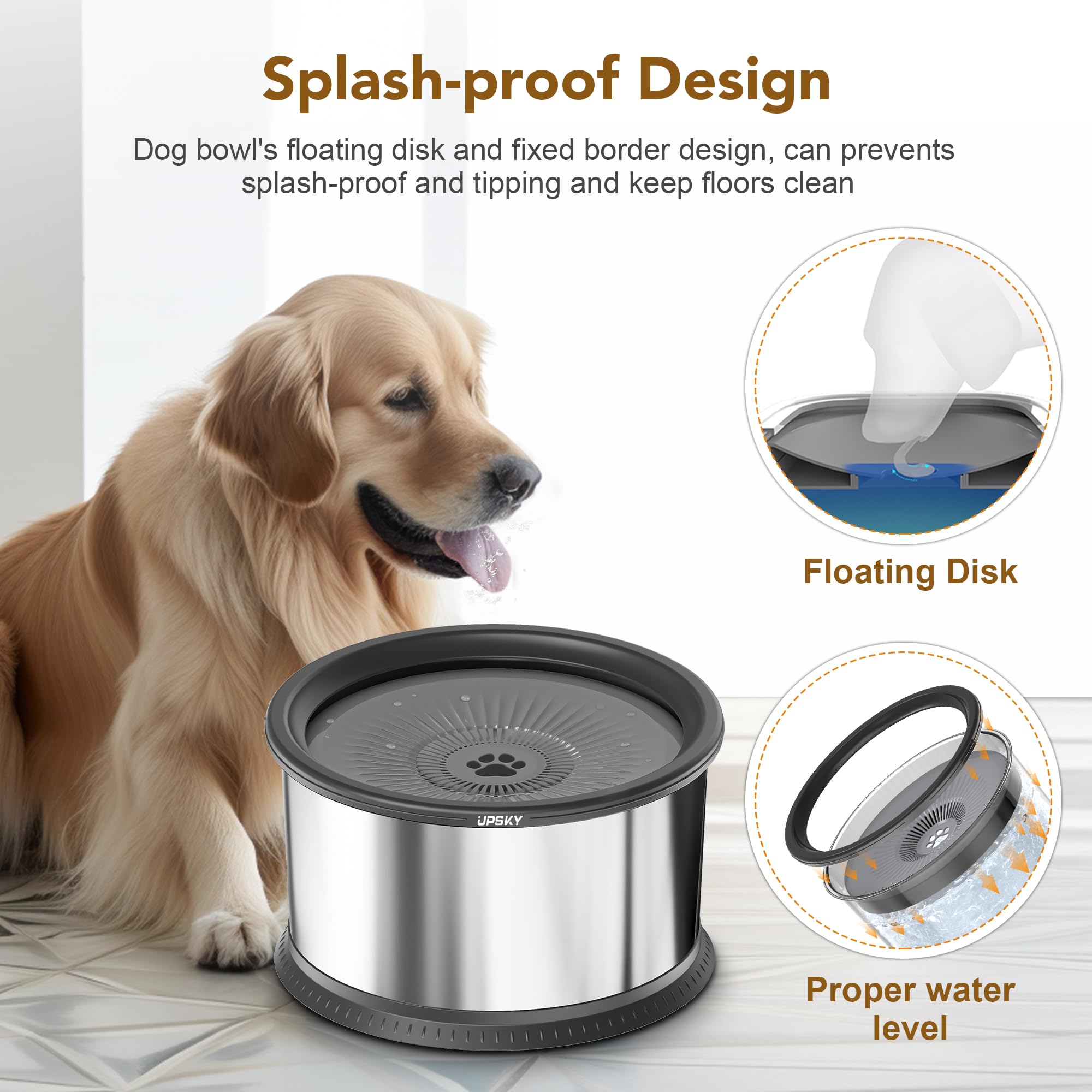 Upsky 4.5L Dog Water Bowl,Large Capacity No Spill Dog Water Bowl,Stainless Steel Spill Proof Slow Water Feeder,No Splash Water B