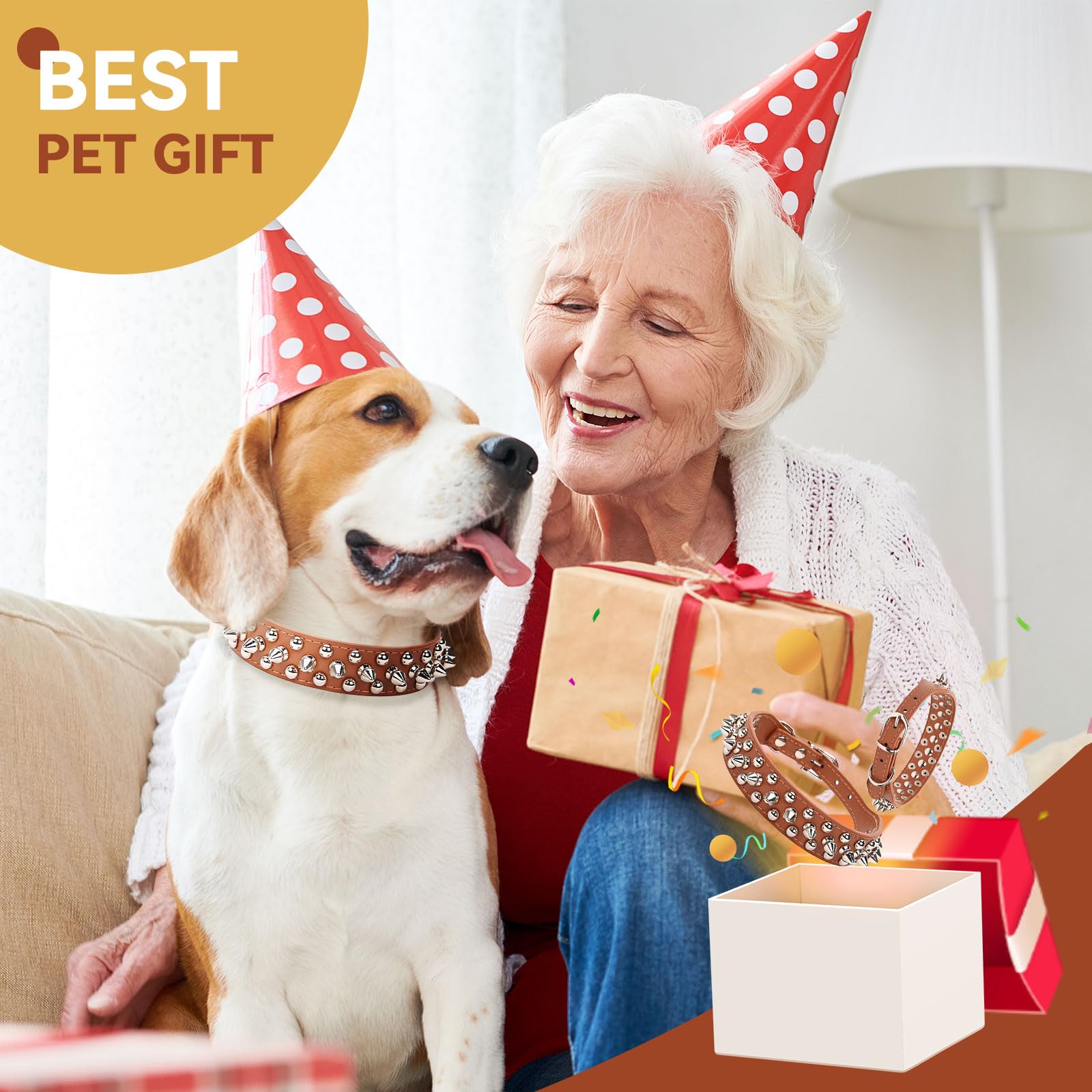 Petcare Spiked Dog Collar Brown Soft Pu Leather Funny Mushrooms Rivet Spike Studded Puppy Collar Adjustable Outdoor Pet Dog Coll