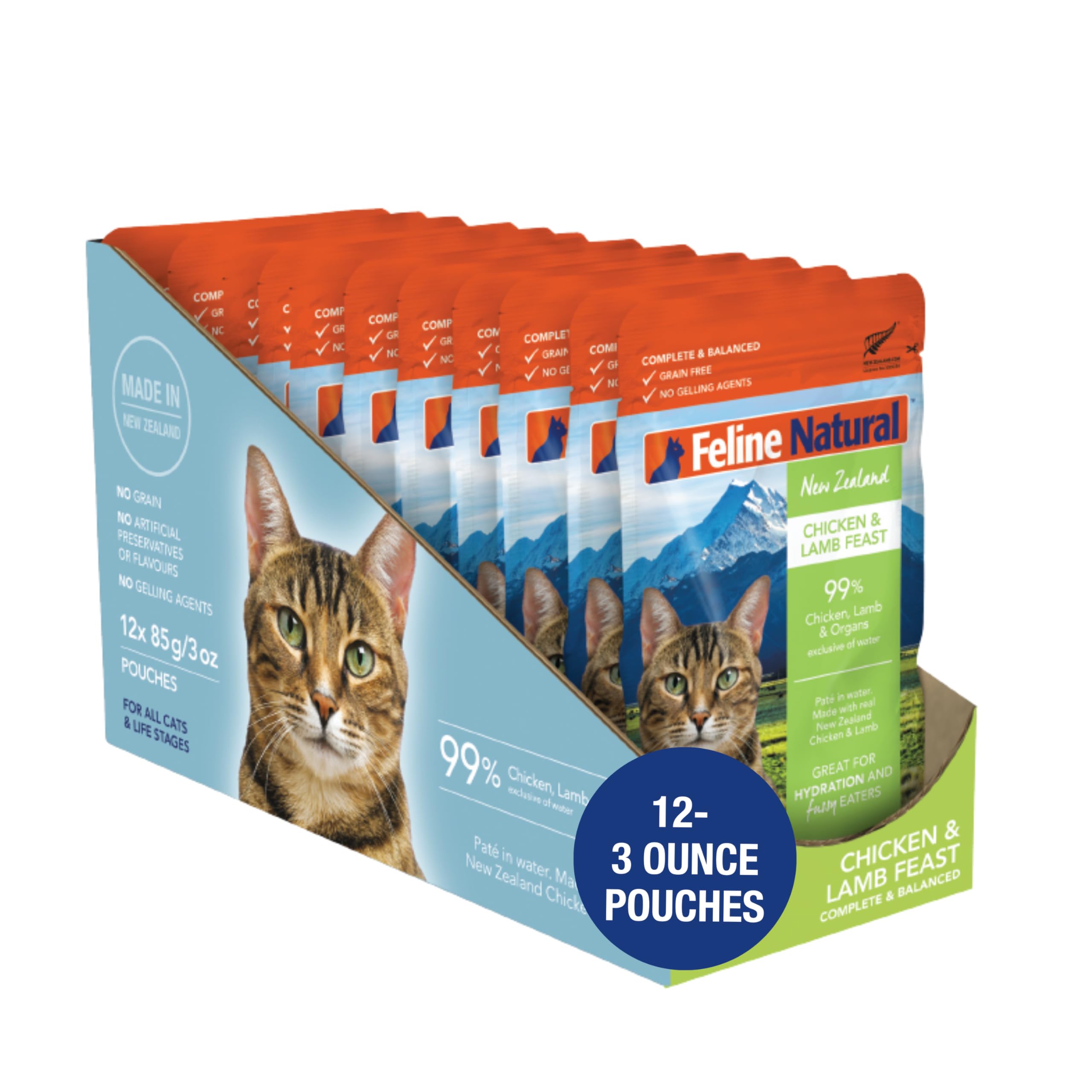 Feline Natural Wet Cat Food Pate, Chicken & Lamb Feast, 3 Oz Single Serve Pouch (Pack of 12), Grain Free, Made in New Zealand wi
