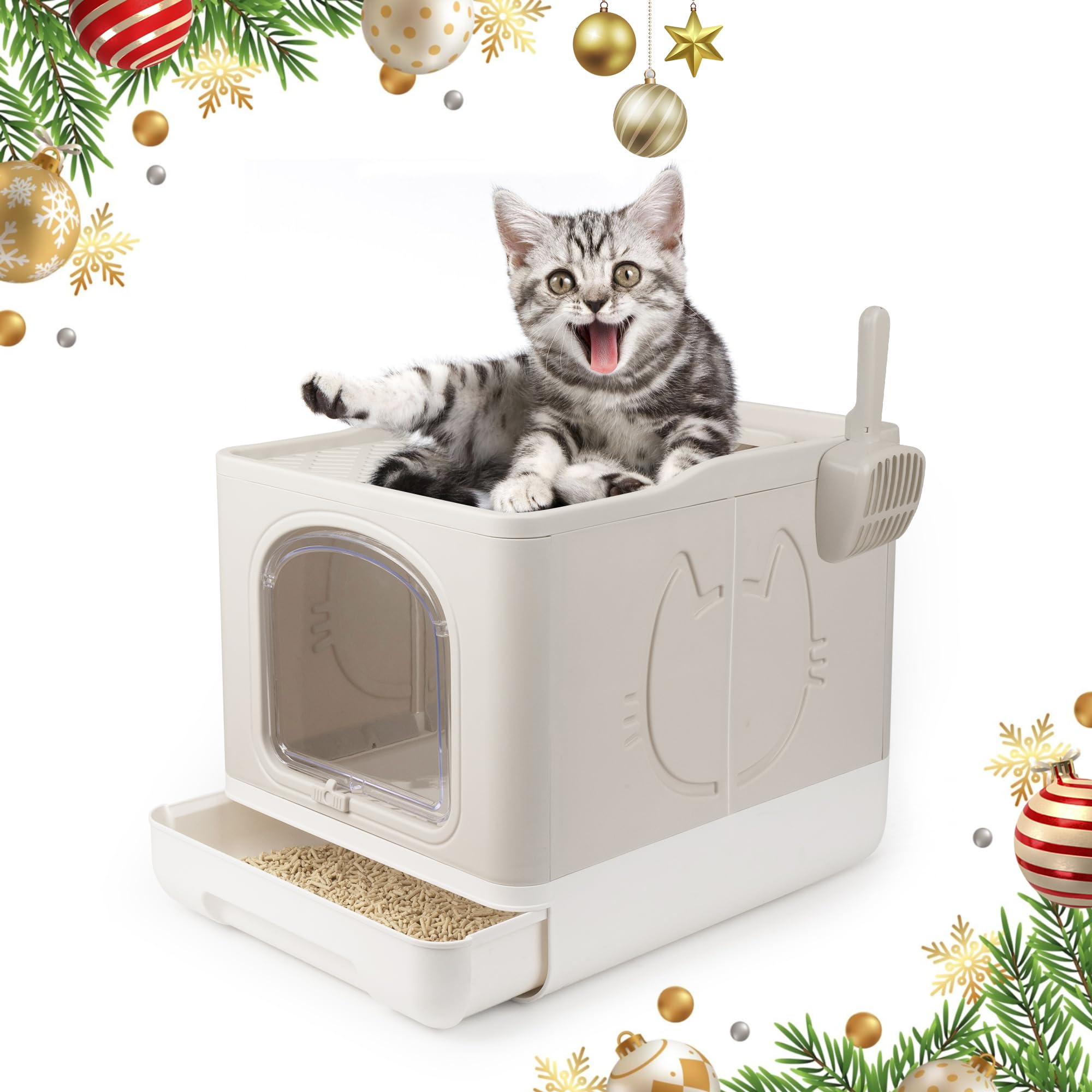 Pet Prime Enclosed Cat Litter Box, Large Covered Litter Box For Cats With Drawer Kitty Litter Pan Top Side Entry Cat Toilet With Lid Easy Clean Including Litter Scoop