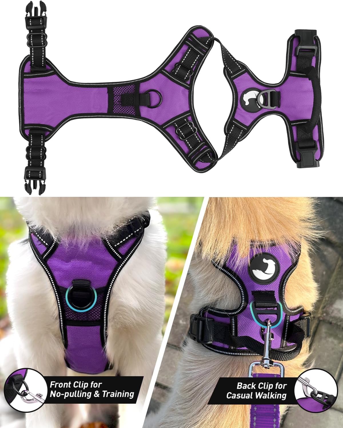 Joytale No Pull Dog Harness for Small Dogs, Adjustable Soft Padded Vest, Reflective, Purple, Model J-A35001-PU-S