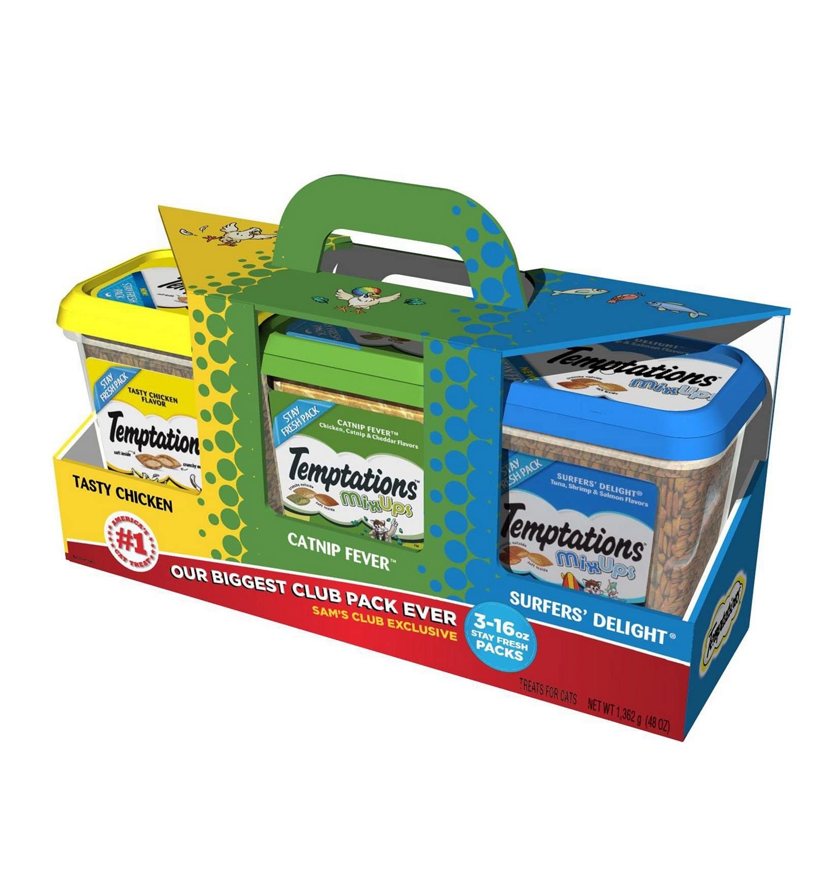 Temptations Temptations Cat Treat Tasty Chicken Flavor,Catnip Fever,Surfers Delight Flavors,Variety Pack 3 X 16 Ounce Total Net 