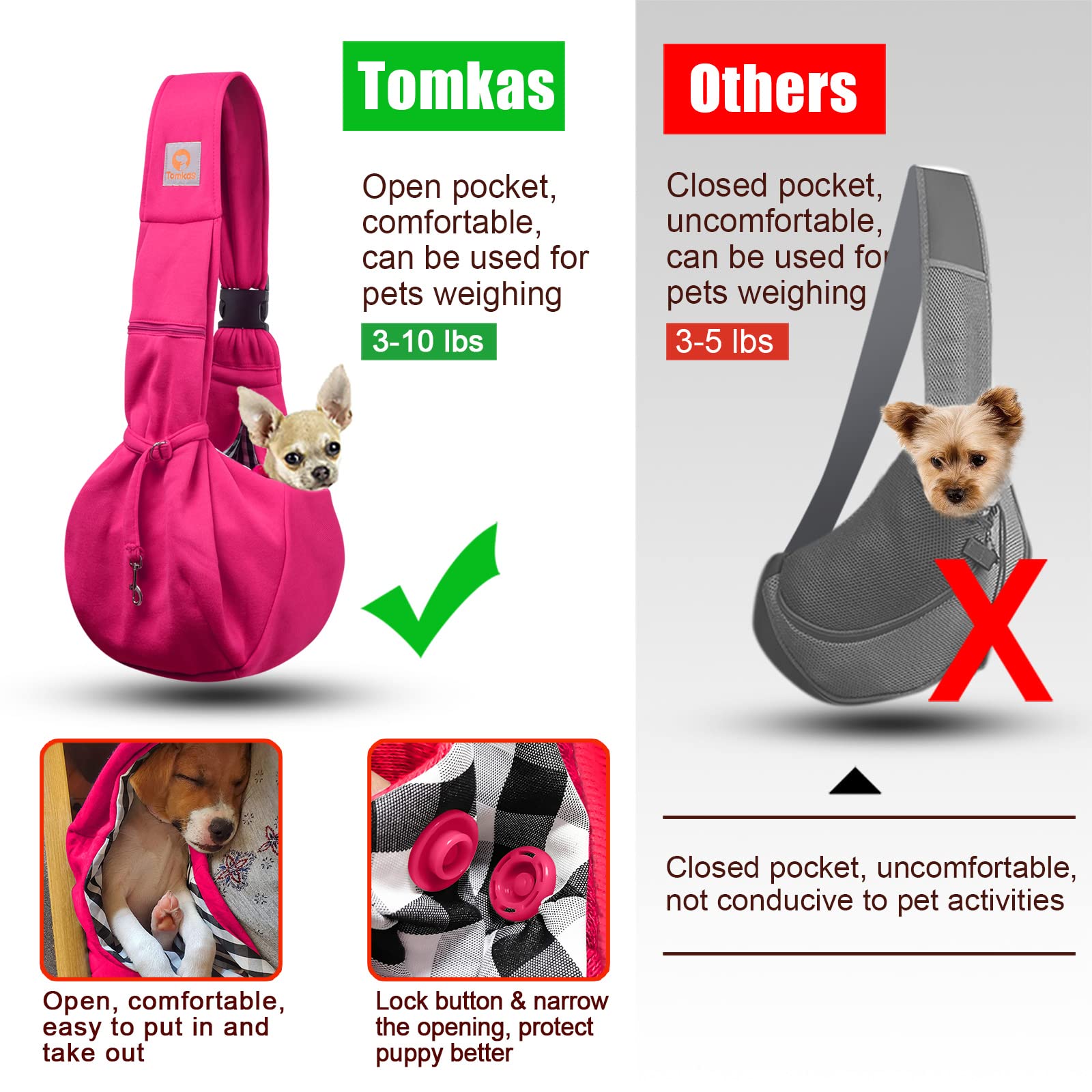 TOMKAS Dog Sling Carrier for Small Dogs, Adjustable Strap, Rose Red, 3-10 lbs, Polyester, Zipper Pocket