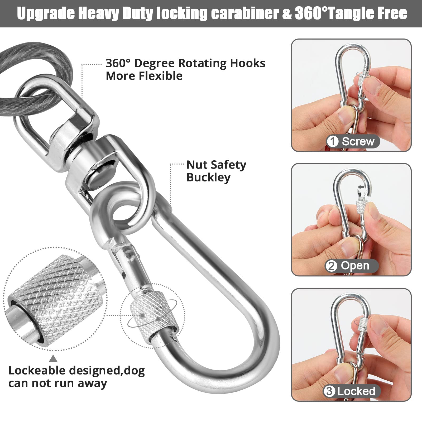 jenico Dog Tie Out Cable, 10/15/20/30/40/50/70/100/150FT Runner Cable with Swivel Hook and Shock Spring, Dog Leash Run Tether fo