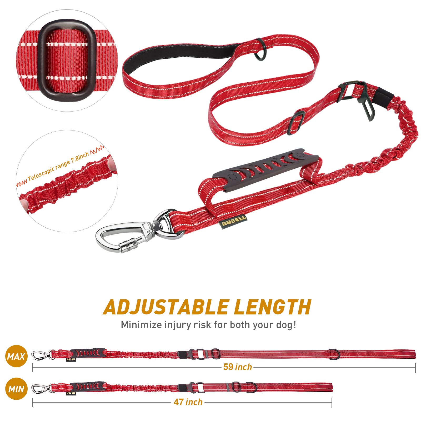 Aubell Dog Leash, Reflective Dog Leash Heavy Duty Dog Leash With Car Seat Belt And Padded Handle, Tactical Dog Leashes For Walking,Training Lead For Large Medium Dogs, 6Ft Strong Bungee Dog Leash, Red