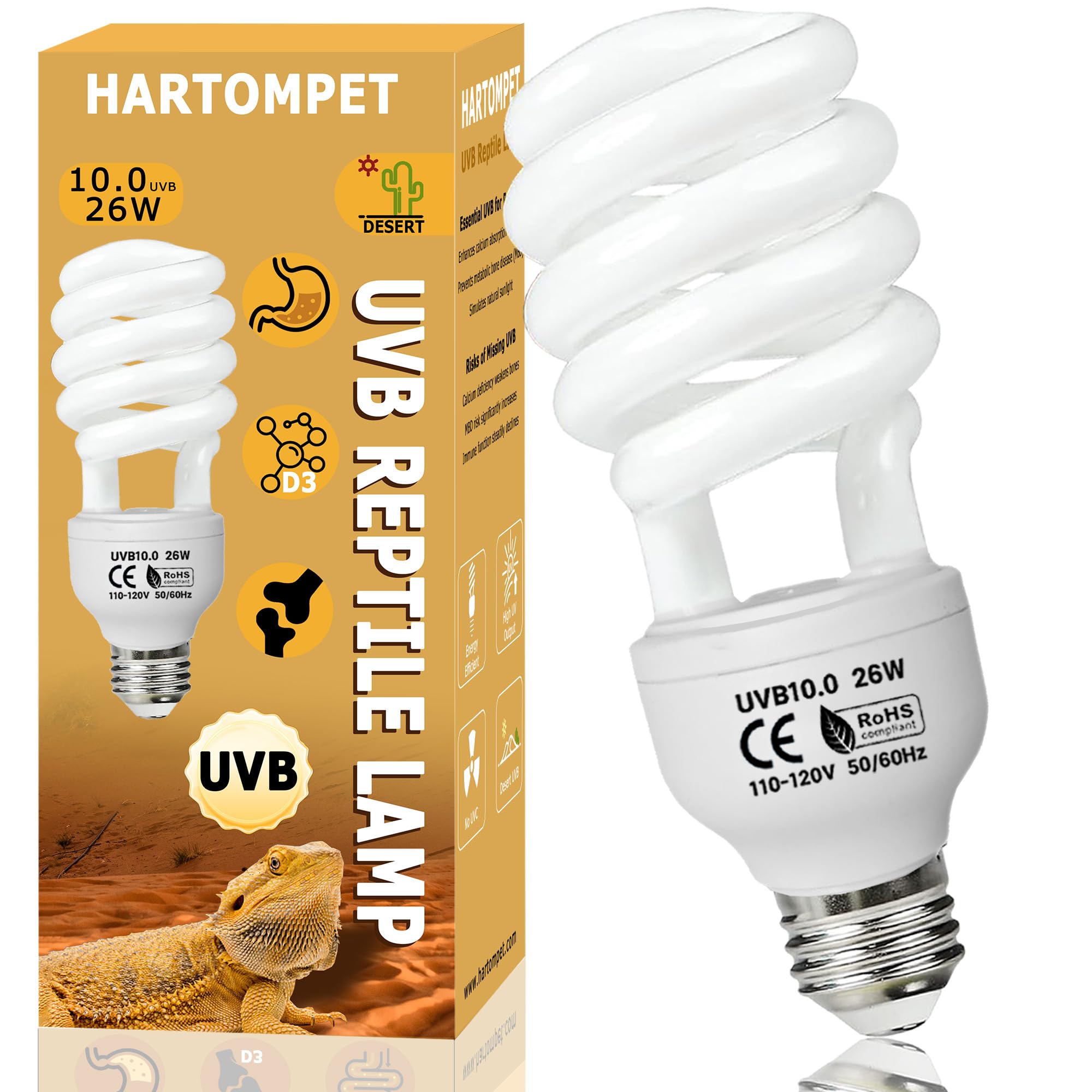 Hartompet Uvb 10.0 Reptile Light 26W, Compact Fluorescent Lamp, Coil Desert Bulb For Bearded Dragons, Lizards, Snakes, Geckos, A