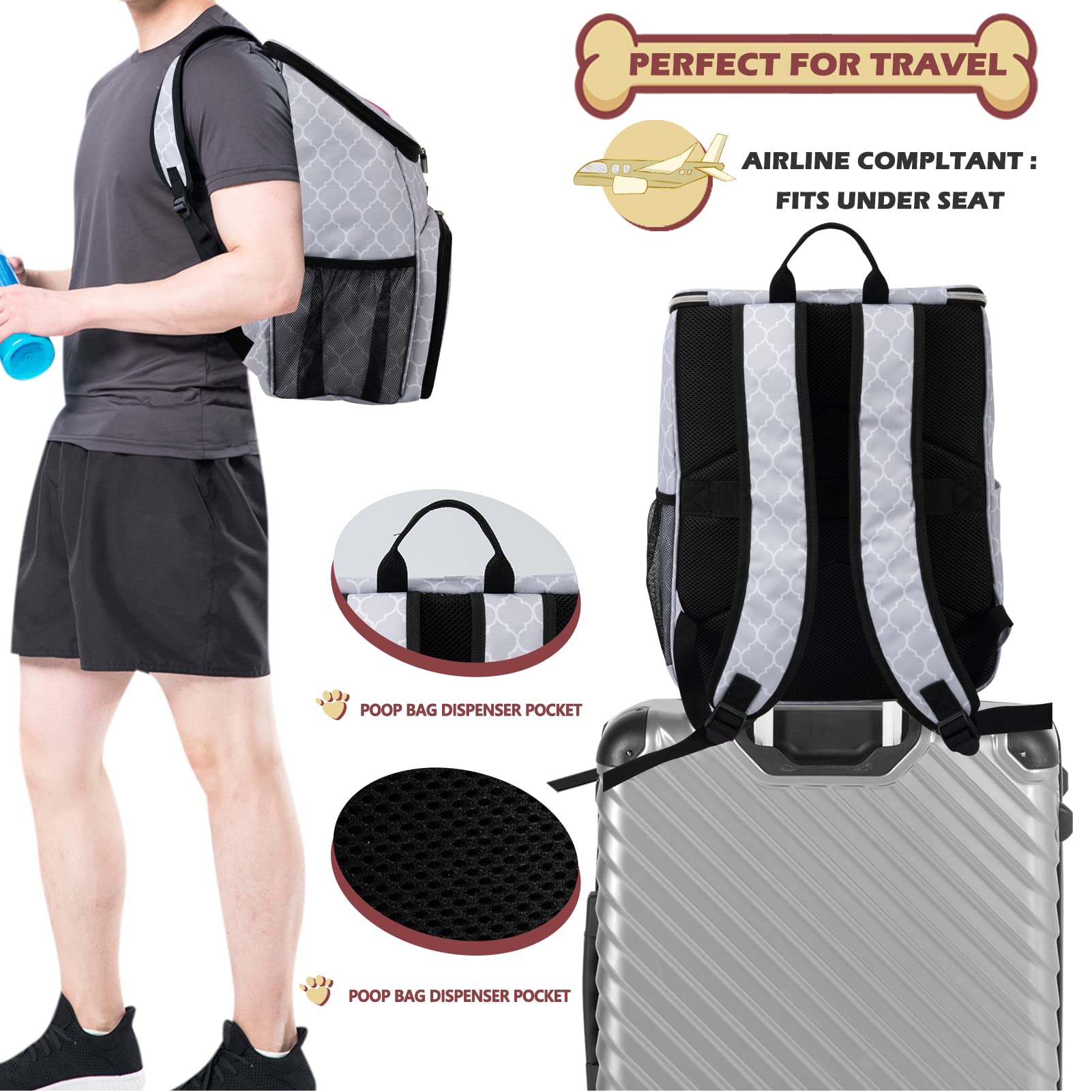 BAGLHER Dog Travel Backpack, Airline Approved, Small, Polyester, DLWhite with 2 Silicone Bowls & 2 Food Baskets