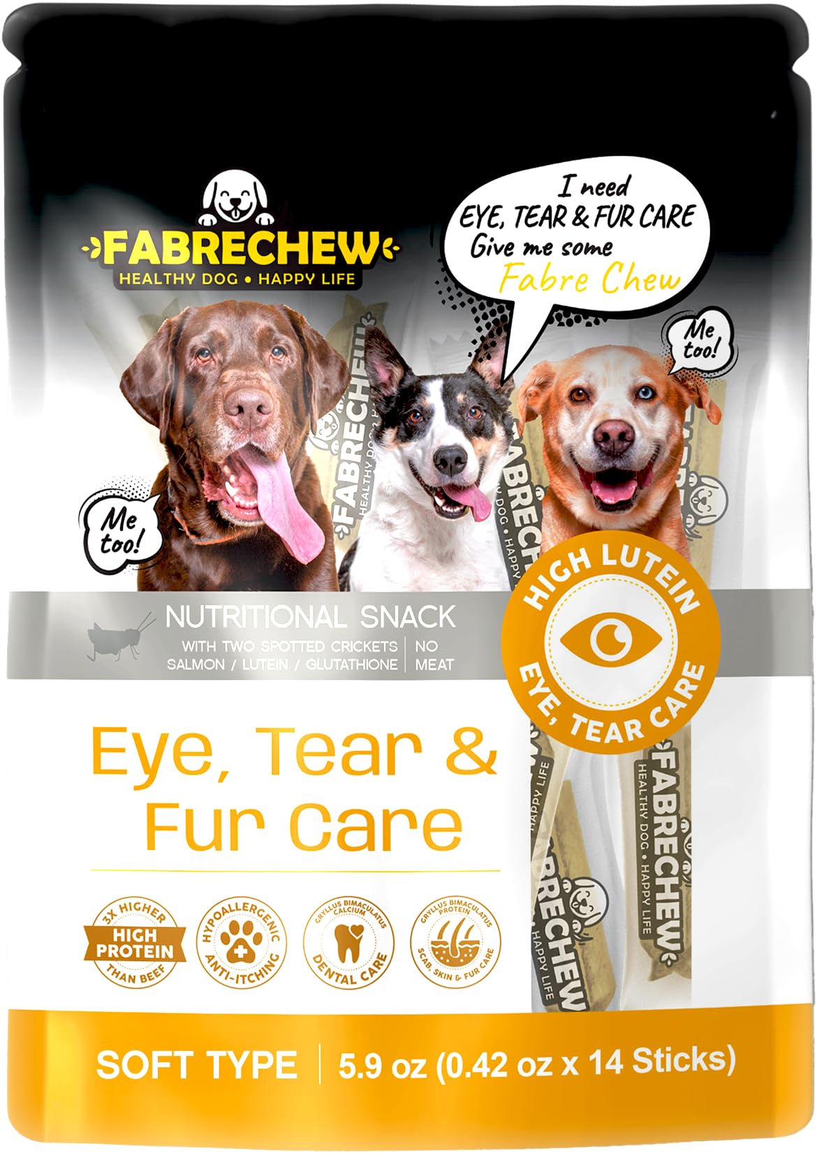 Fabrechew Cricket & Salmon Protein Dog Treats - Hypoallergenic High-Protein Soft Dental Chews for Sensitive Dogs 14 Pcs (Eye, Te