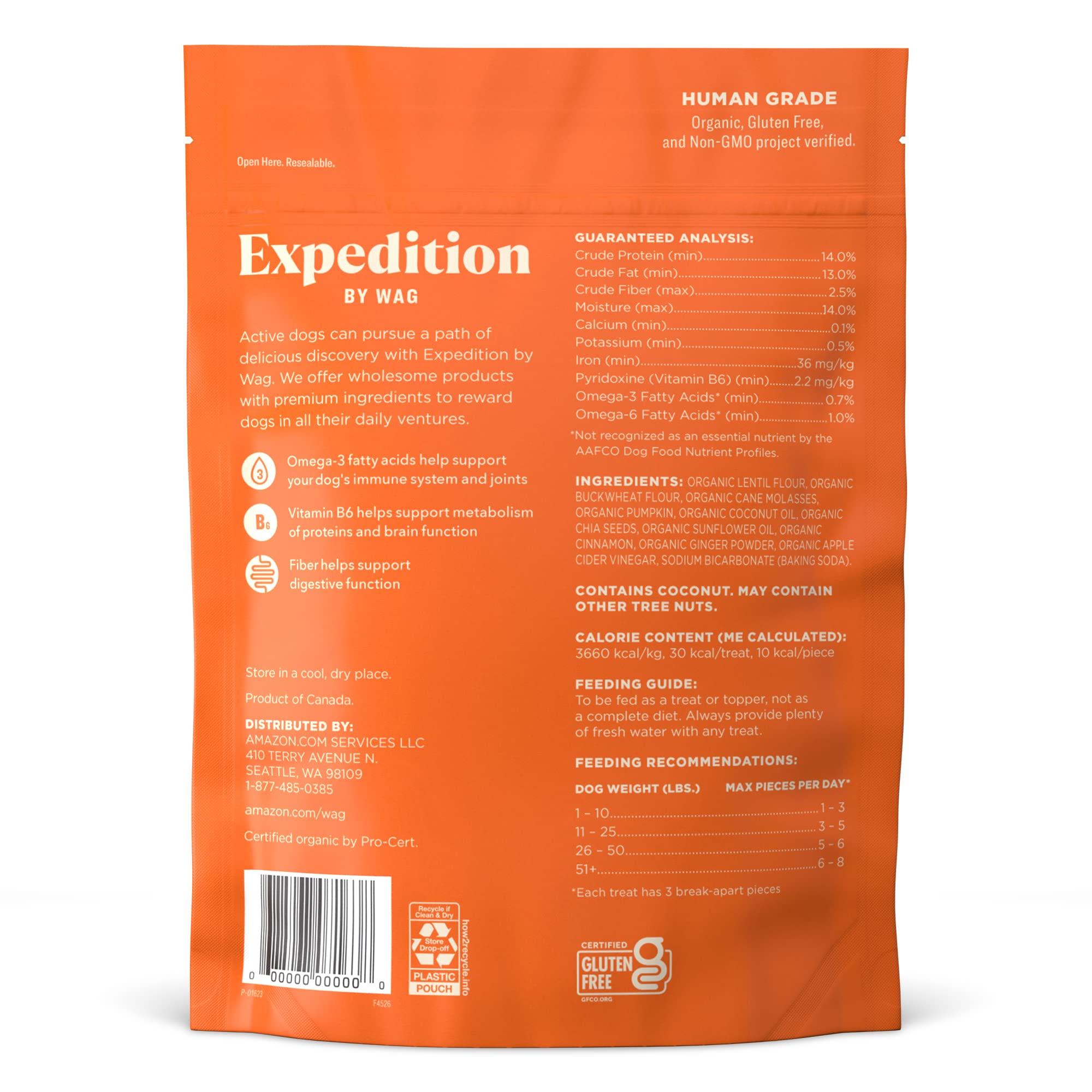 Amazon Brand - Wag Expedition Human Grade Organic Biscuits Dog Treats, Non-GMO, Pumpkin & Chia Seed, 10 oz, Pack of 1