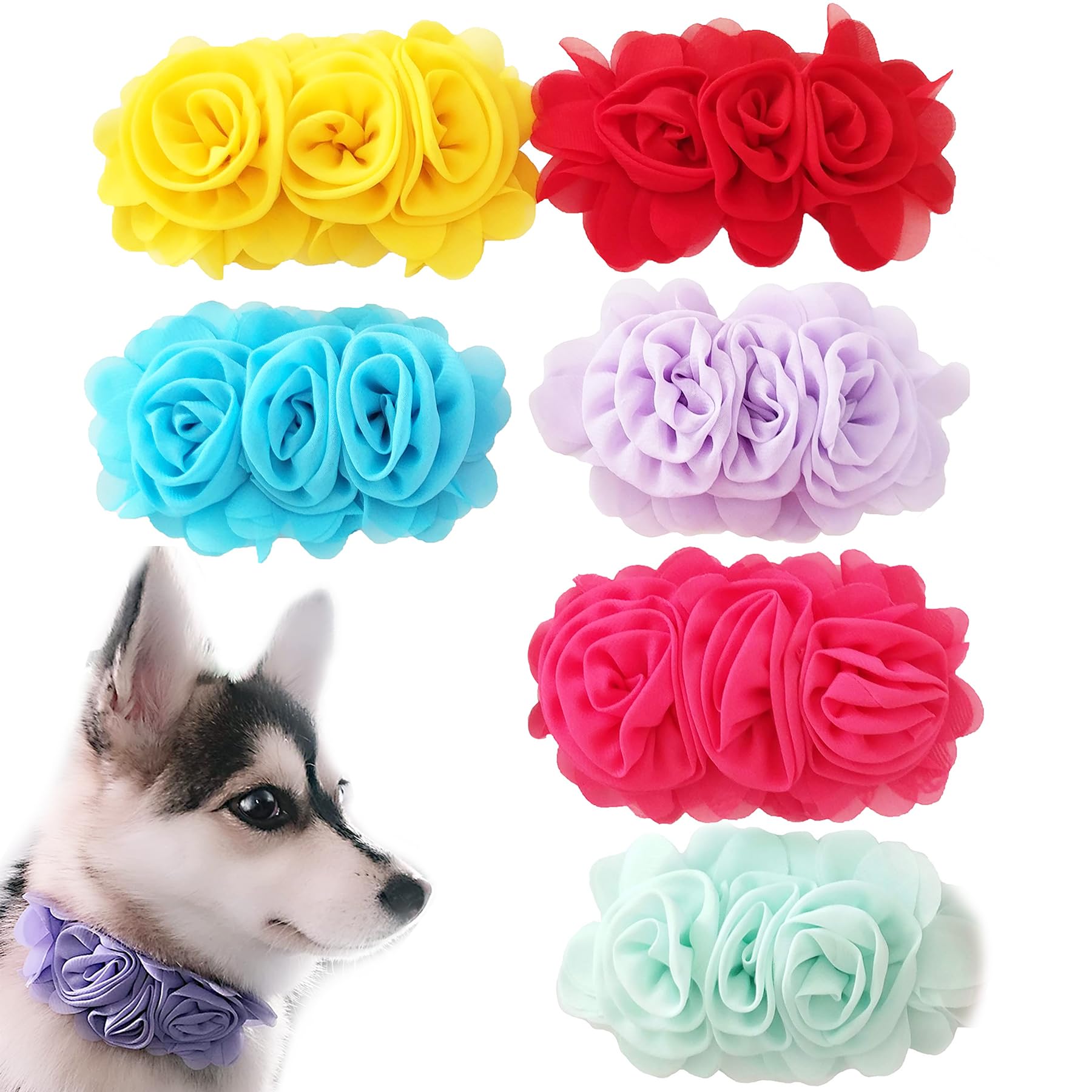 JpGdn 6pcs Dog Collar Flowers Pink Purple Yellow Puppy Collar Charms Multicolored for Small Medium Large Girl Boy Female Cat Kit