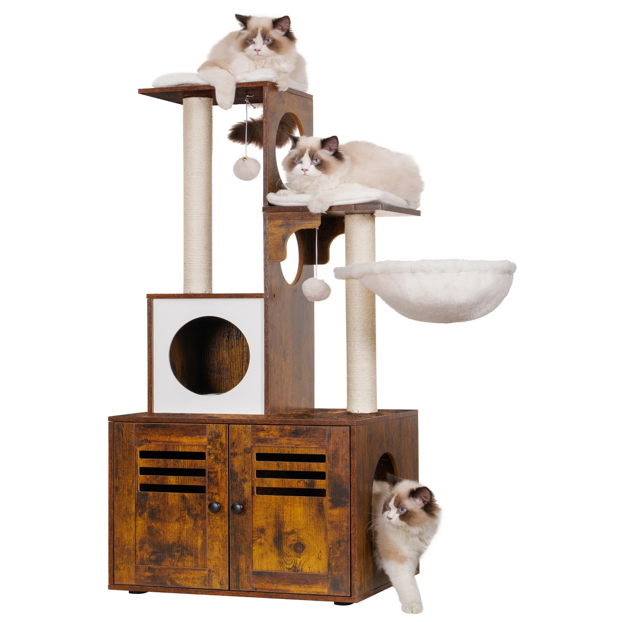 Heybly Cat Tree, Wood Litter Box Enclosure with Food Station, All-in-one Indoor Cat Furniture with Large Platform and Condo, Mod