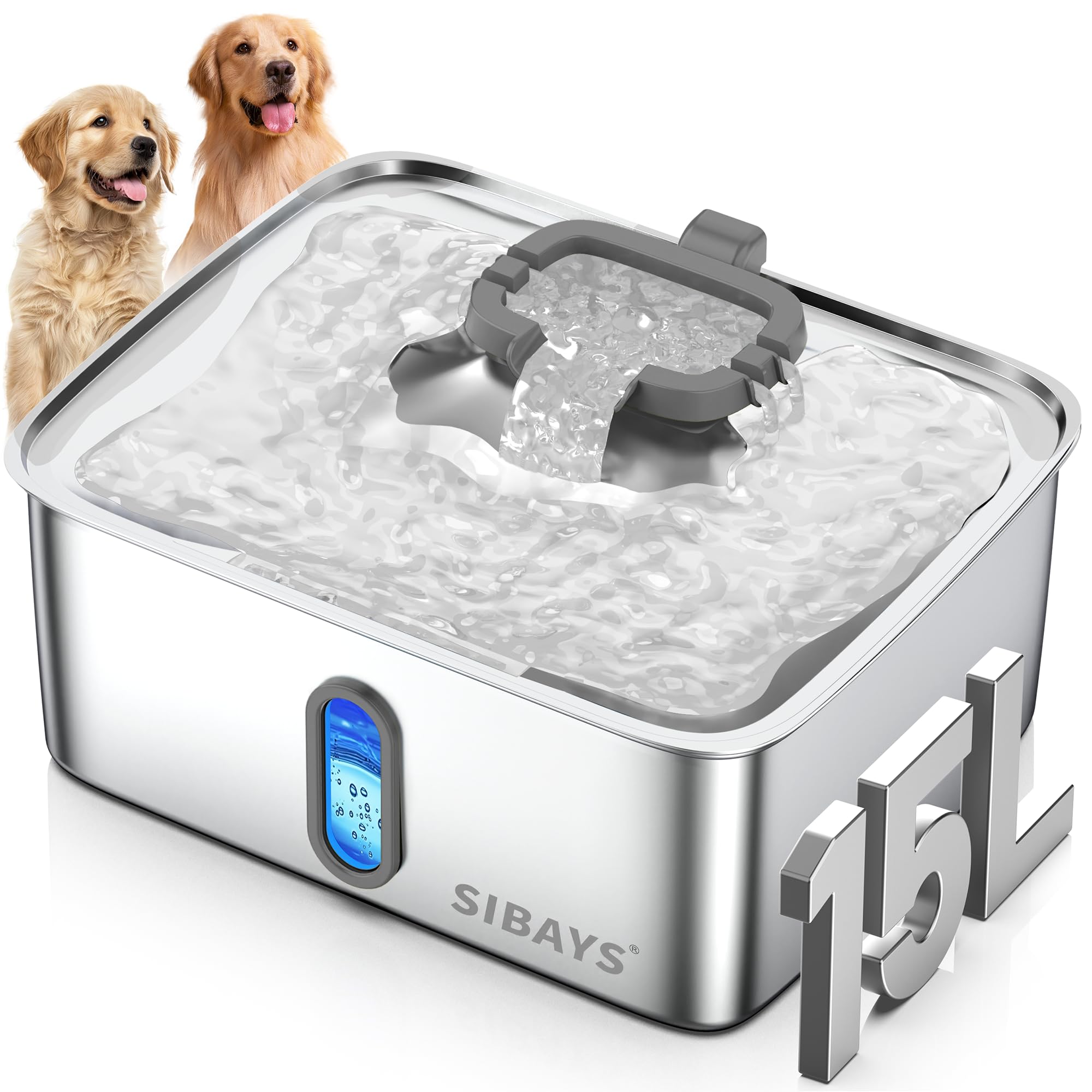 SIBAYS 4Gal/15L Dog Water Fountain for Large Dogs, Stainless Steel Large Pet Water Fountain, Ultra Quiet Automatic Dog Water Bow
