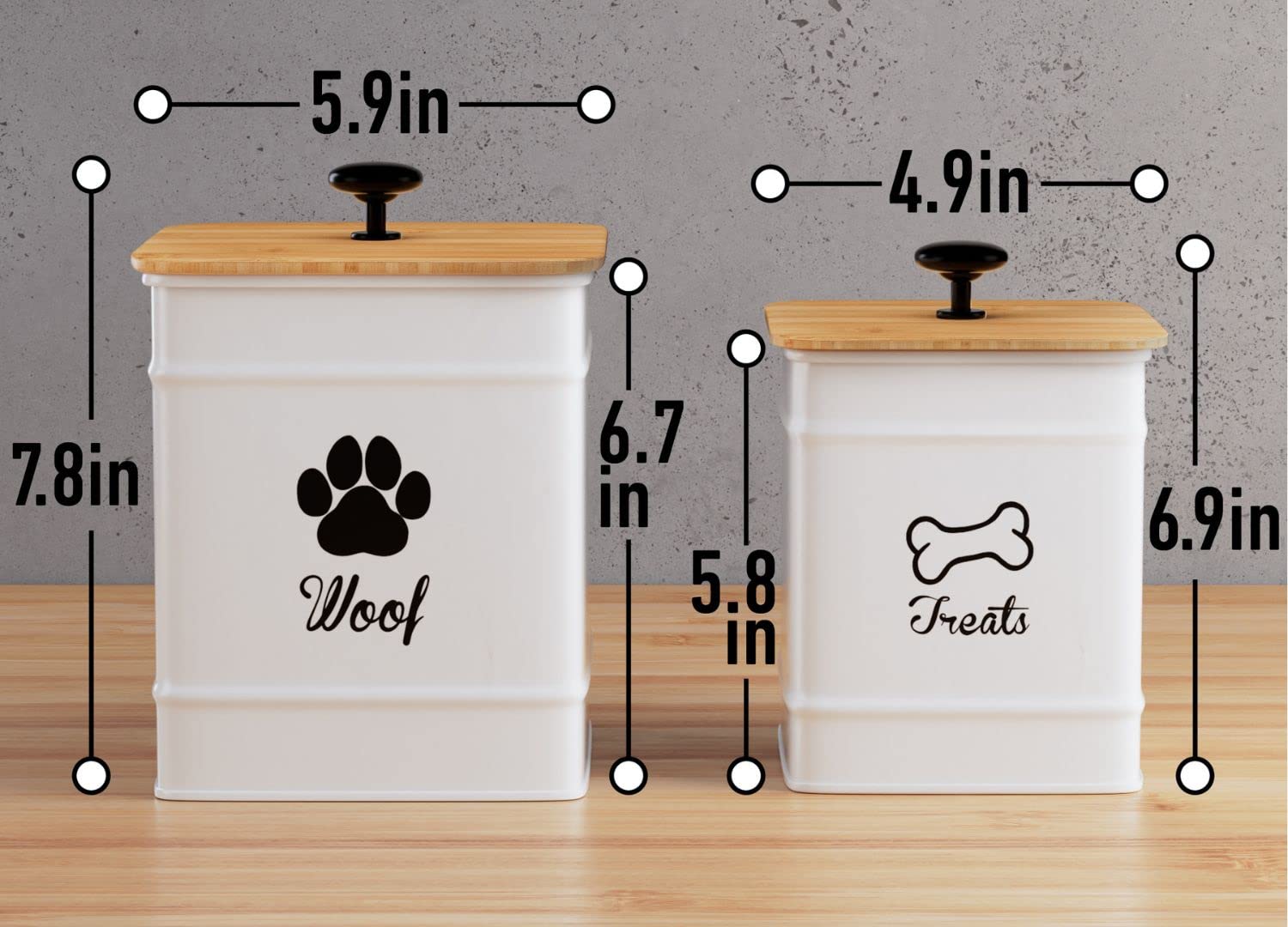 Dog Treat Container Airtight Set of 2 - 8x6 & 7x5 inch Iron Dog Treat Jars for Kitchen Counter with Airtight Bamboo Lids - 20 Cu