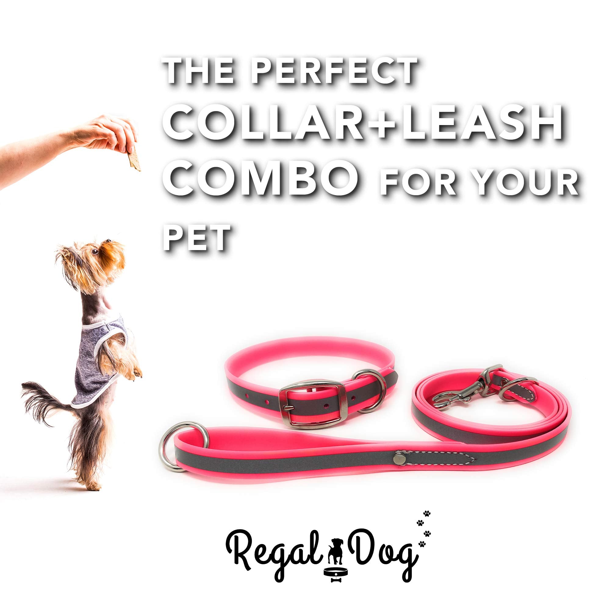 Regal Dog Products Medium Pink Reflective Dog Collar And Leash Set - Waterproof Biothane Dog Collar With Heavy Duty Double Buckl