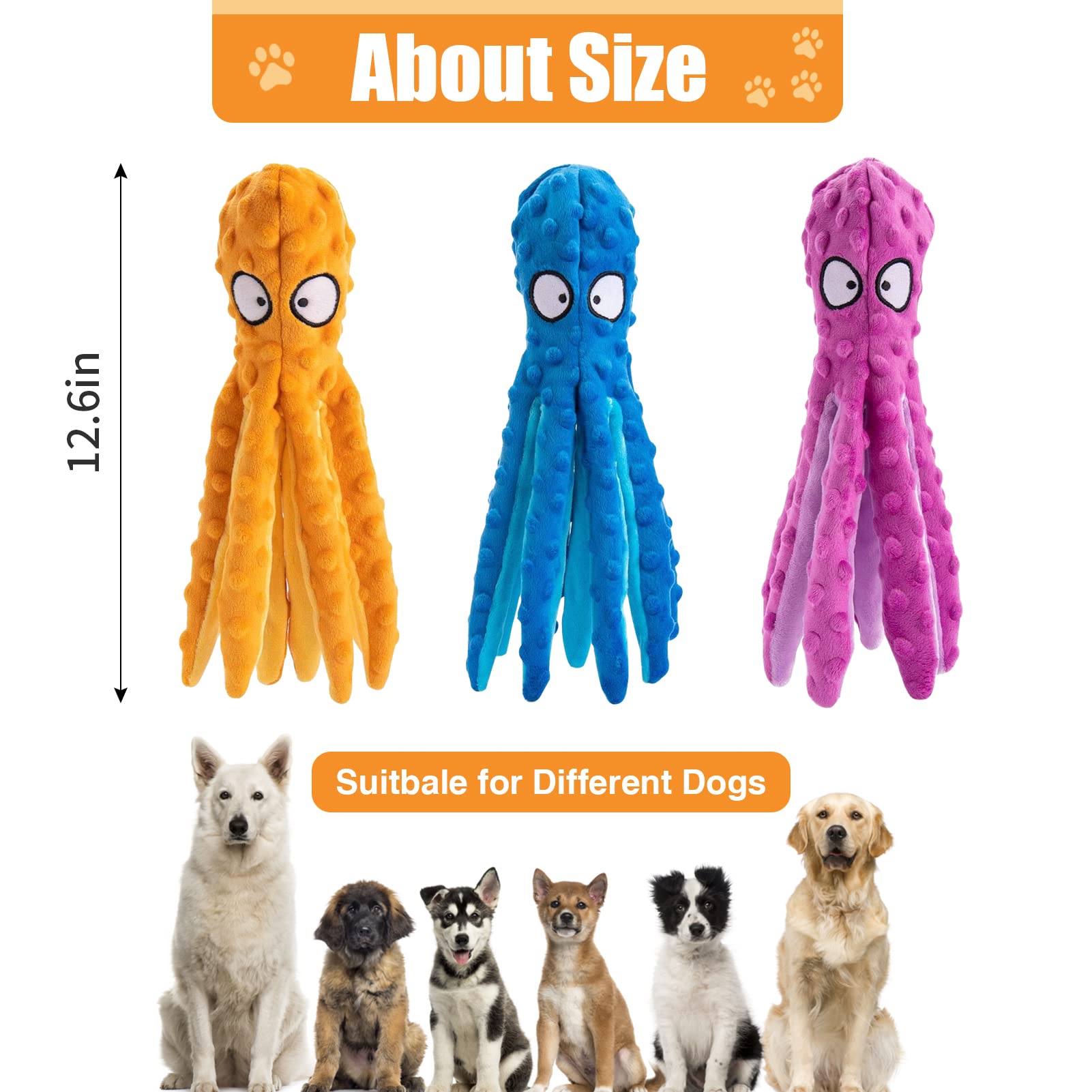 Alphatool Squeaky Dog Toys, Octopus Dog Toys For Aggressive Chewers, Tough No Stuffing Plush Dog Toys For Large Dogs, Crinkle Interactive Puppy Dog Toys For Small Medium Dogs(3Pcs)