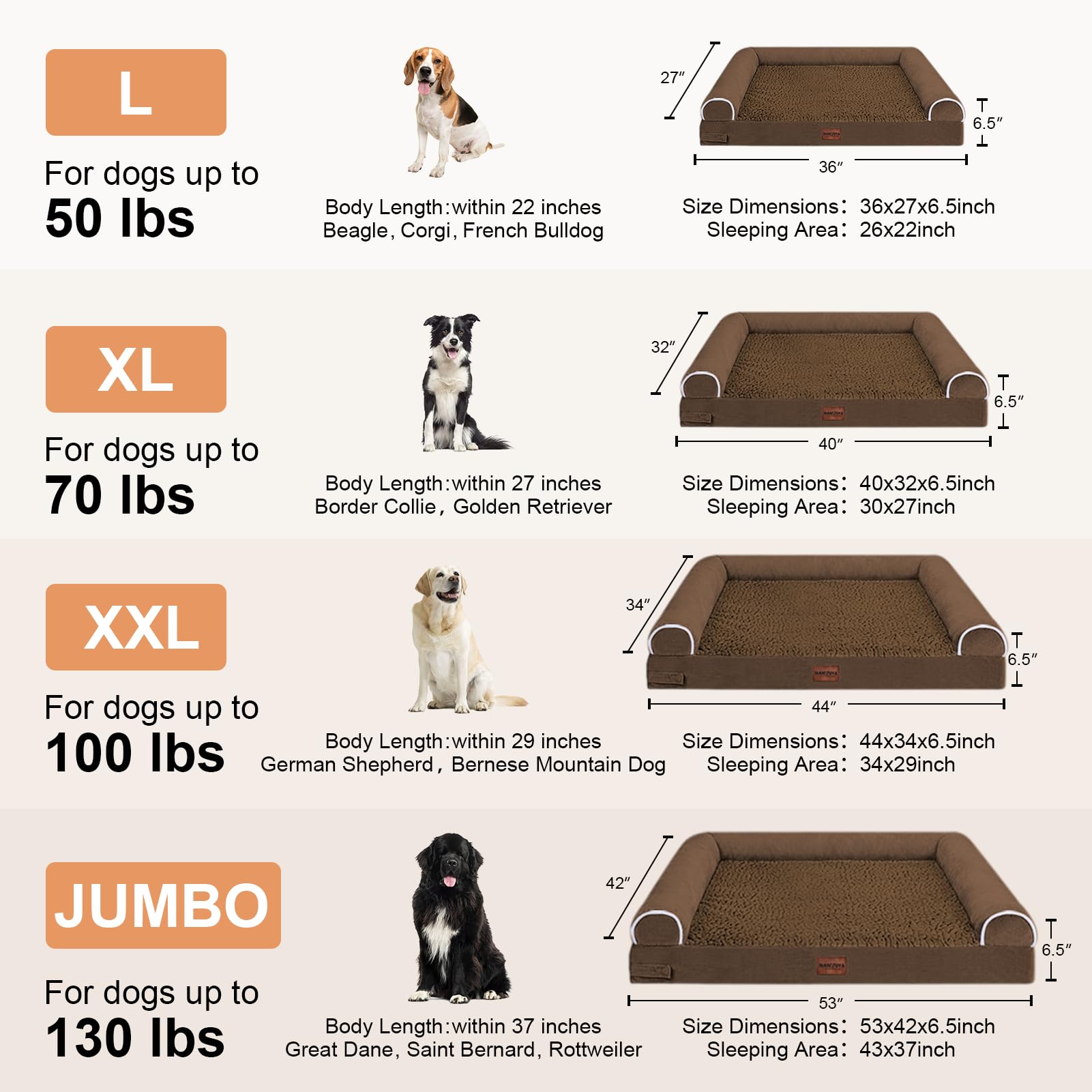 Large Dog Bed Orthopedic Washable: Jumbo Dog Bed Bolster Extra Large Dogs Egg Crate Foam Sofa Couch Waterproof Removable Cover - Coffee