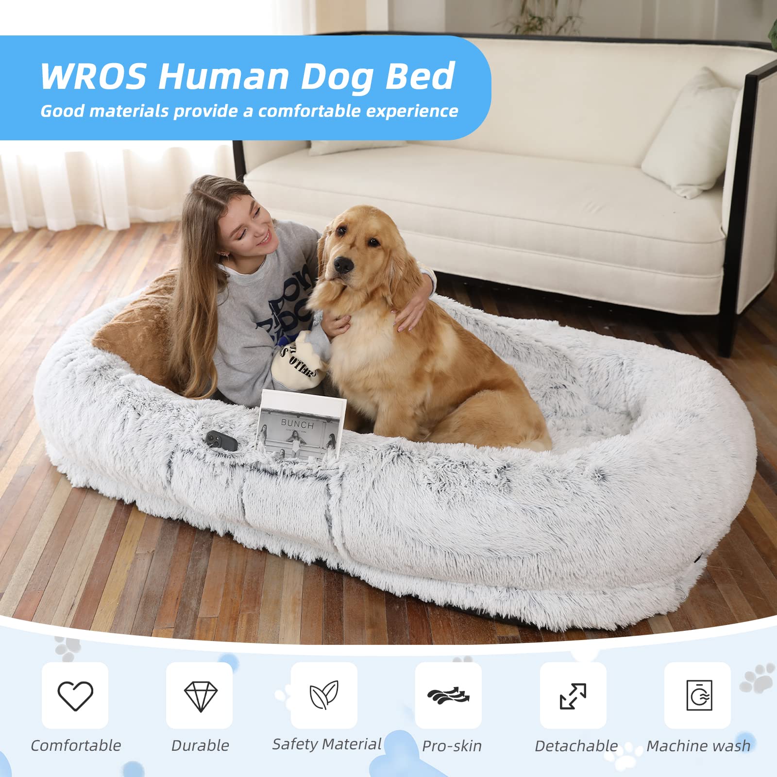 Wros Human Dog Bed, 71''X45''X12'' Size Fits You And Pets, Washable Faux Fur Dog Bed For People Doze Off, Napping Orthopedic Dog