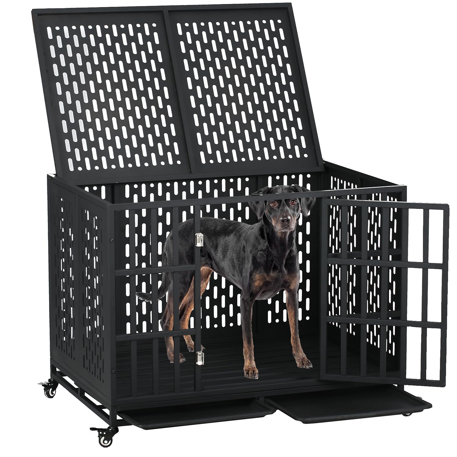 44 Indestructible Heavy Duty Dog Crate, High Anxiety Impact Chewproof Strong Cage for Medium Large Dogs, Double Door Indoor St